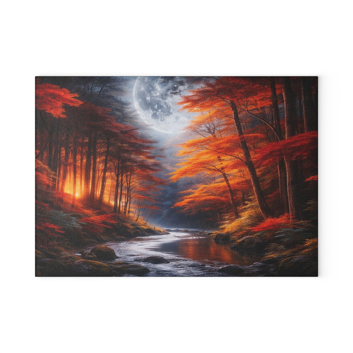 Autumn Moonlit Forest Glass Cutting Board – Dramatic Fall Landscape Kitchen Art