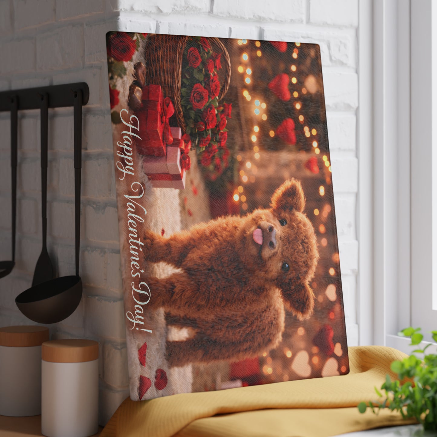 Valentine Highland Calf Glass Cutting Board – Sweet Farmhouse Love Scene Kitchen Accent
