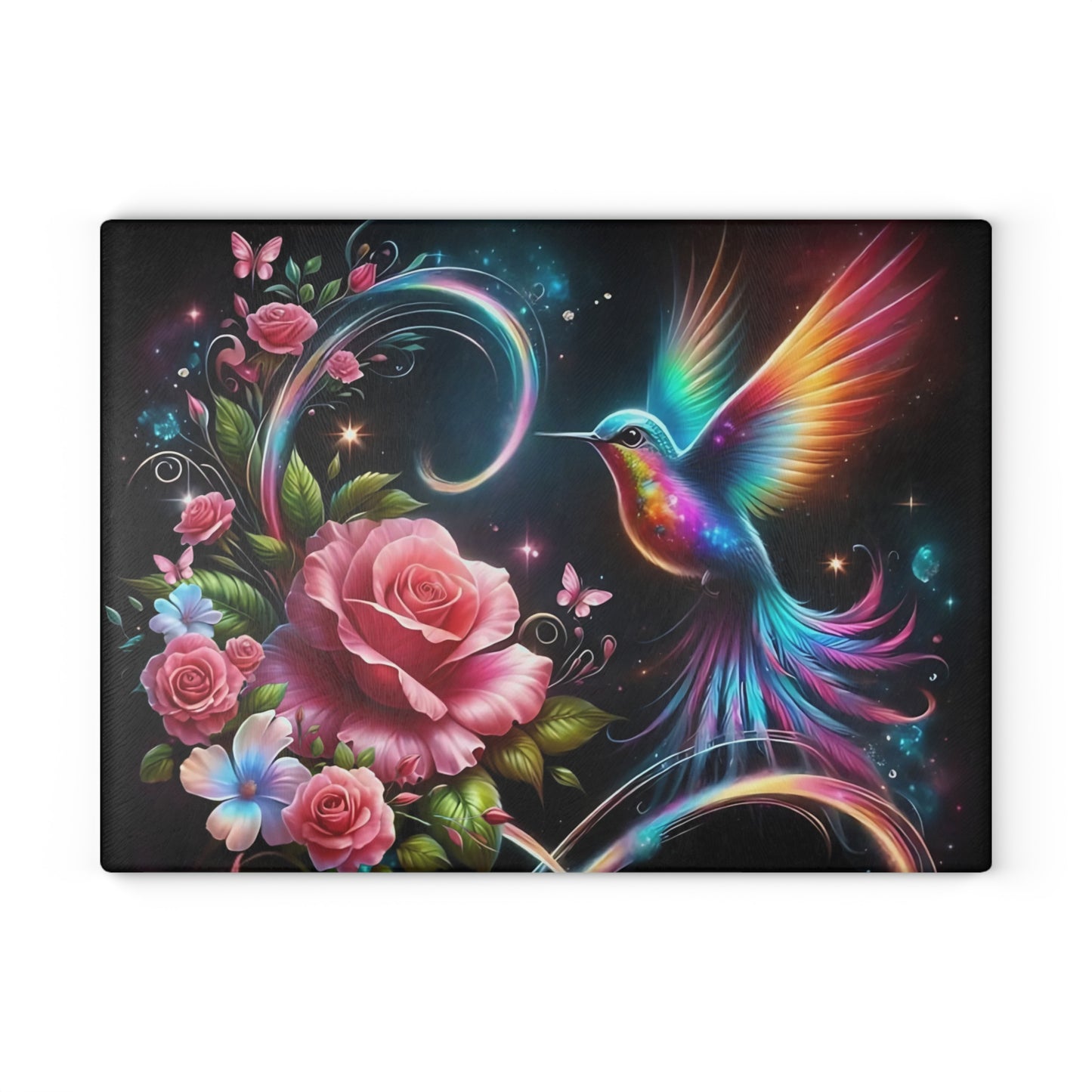 Hummingbird & Roses Tempered Glass Cutting Board – Floral Kitchen Decor, Spring Gift, Mother’s Day Present