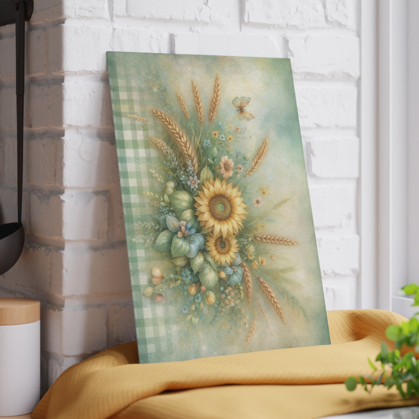 Sunflower and Wheat Garden Glass Cutting Board – Rustic Farmhouse Floral Kitchen Decor