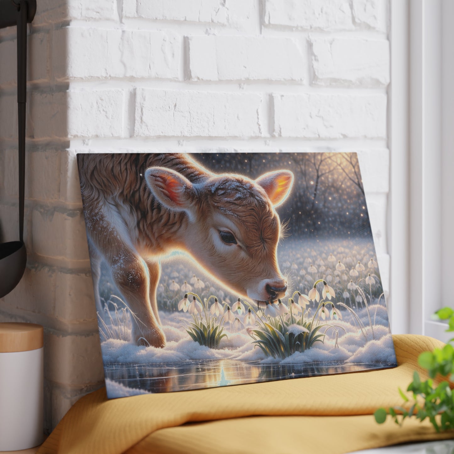 Frosted Meadow Calf Glass Cutting Board – Whimsical Winter Farm Art