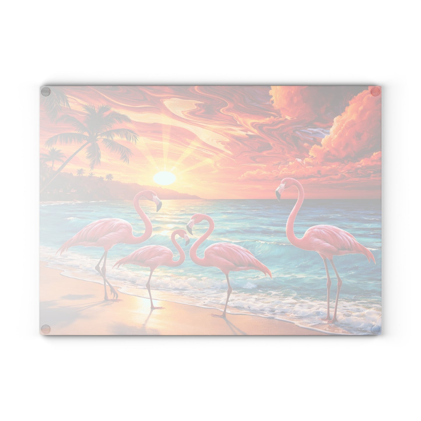 Vibrant Flamingo Sunset Glass Cutting Board – Tropical Coastal Kitchen Decor