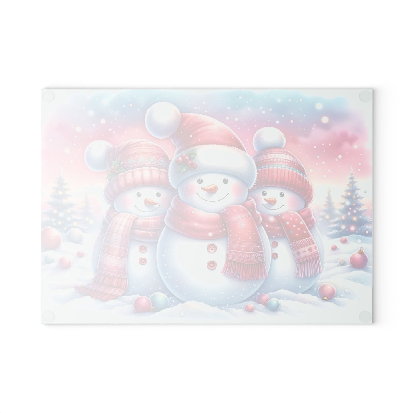 ⛄️🎀 “Pink Scarf Snowman Trio” Glass Cutting Board – Cozy Charm for Your Kitchen