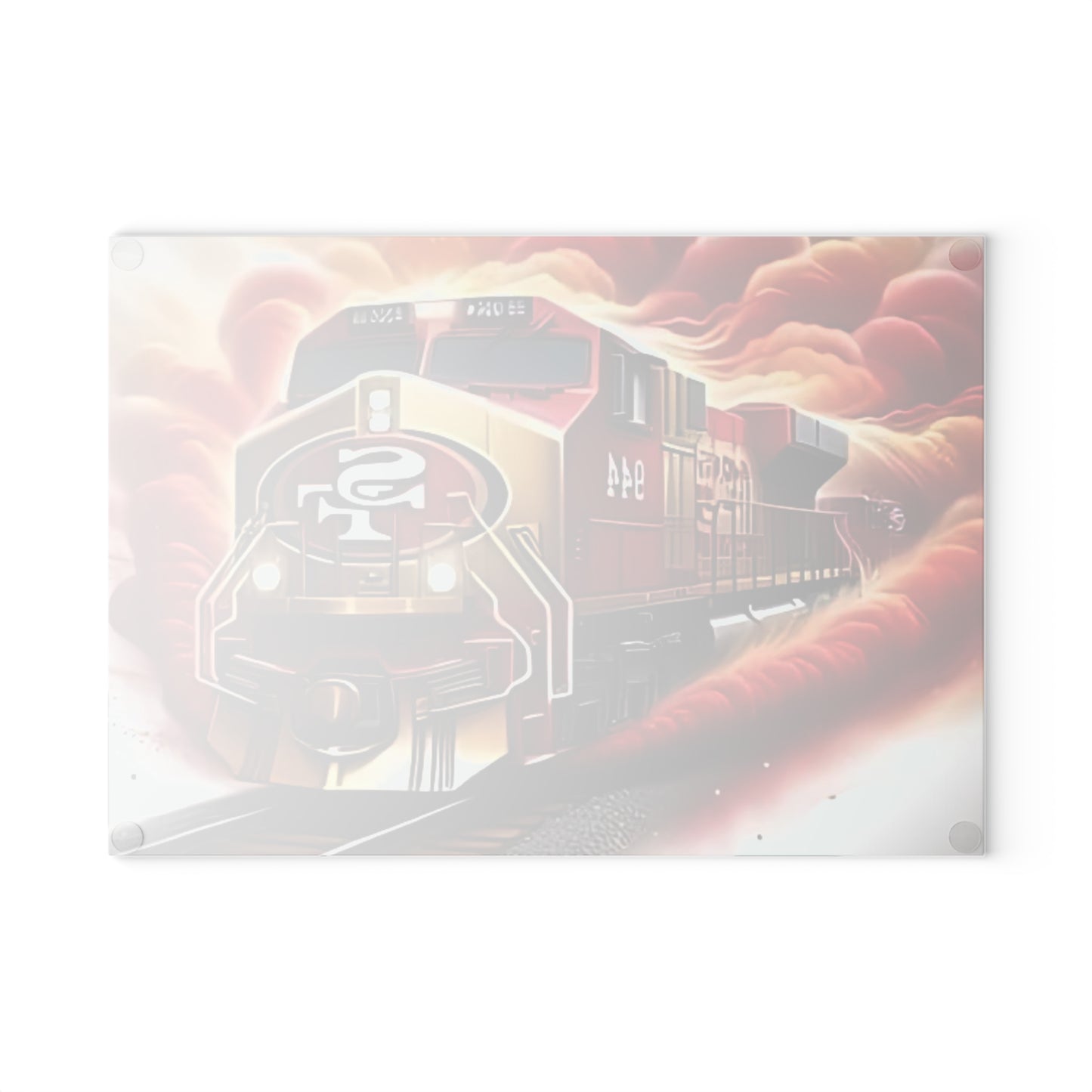 Tabla de cortar de vidrio Express roja y dorada: arte de tren de lujo para cocinas elegantes y clásicas