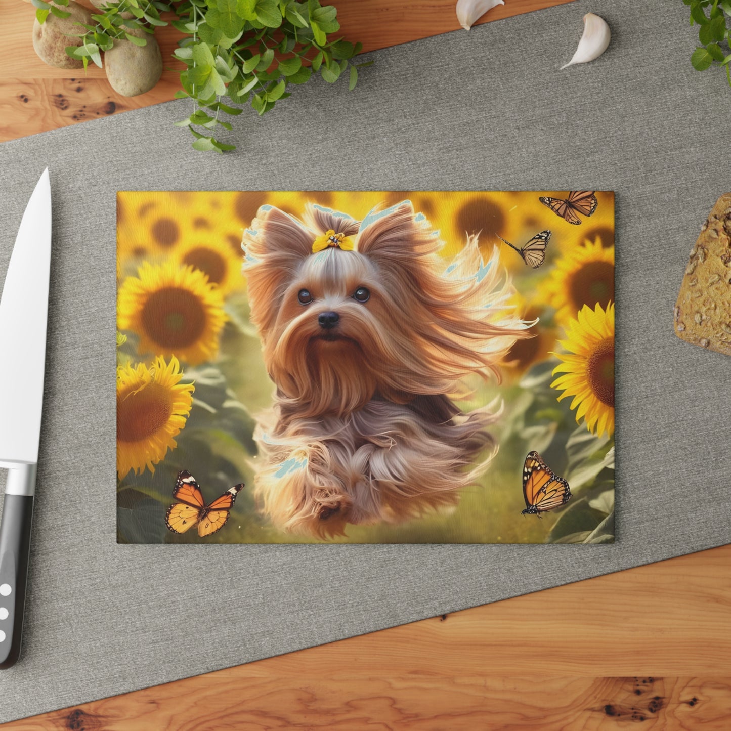 Yorkie in the Sunflowers – Tempered Glass Cutting Board