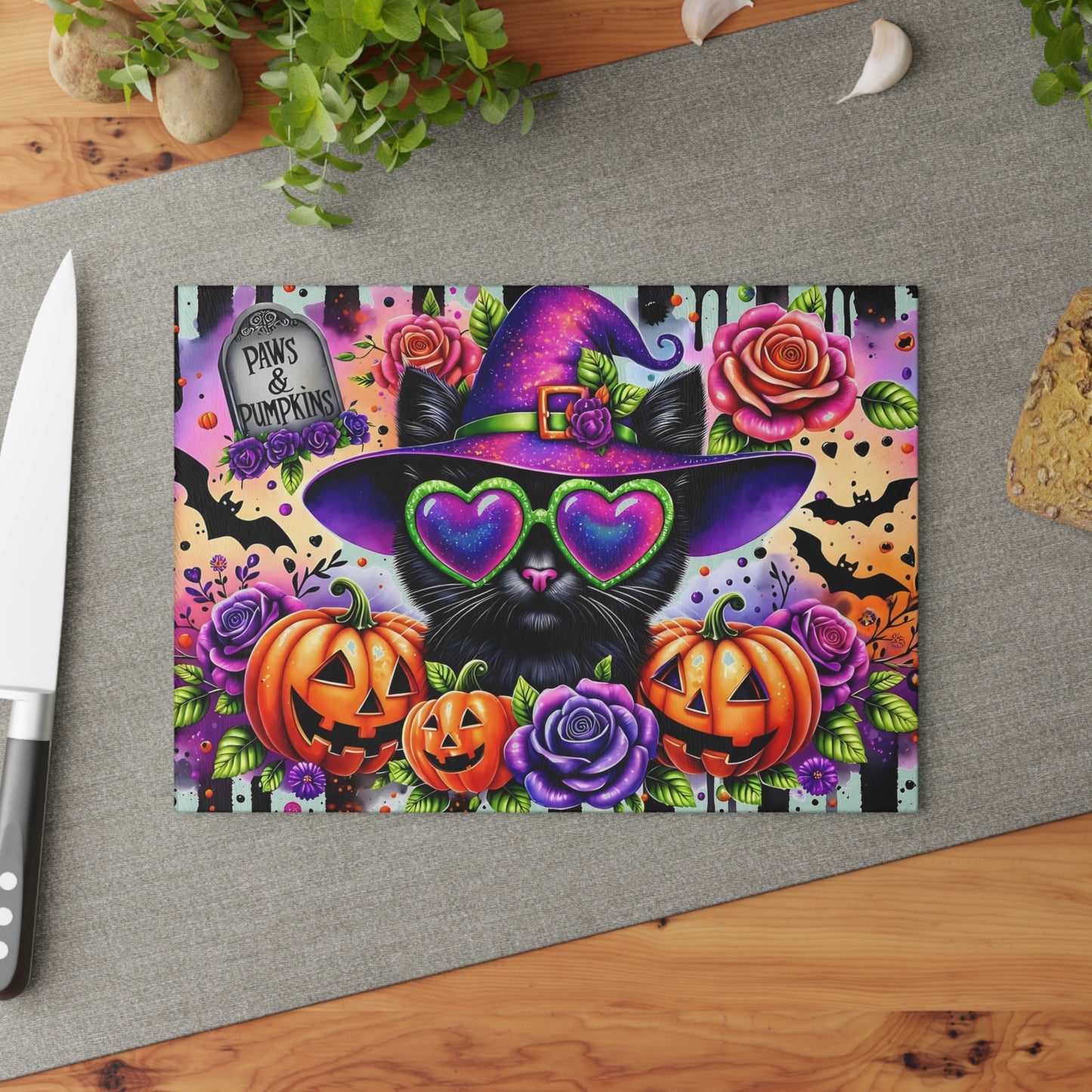 🐾🎃 Paws & Pumpkins Halloween Cat Cutting Board – Spooky Glam with Witchy Charm 🦇🌹