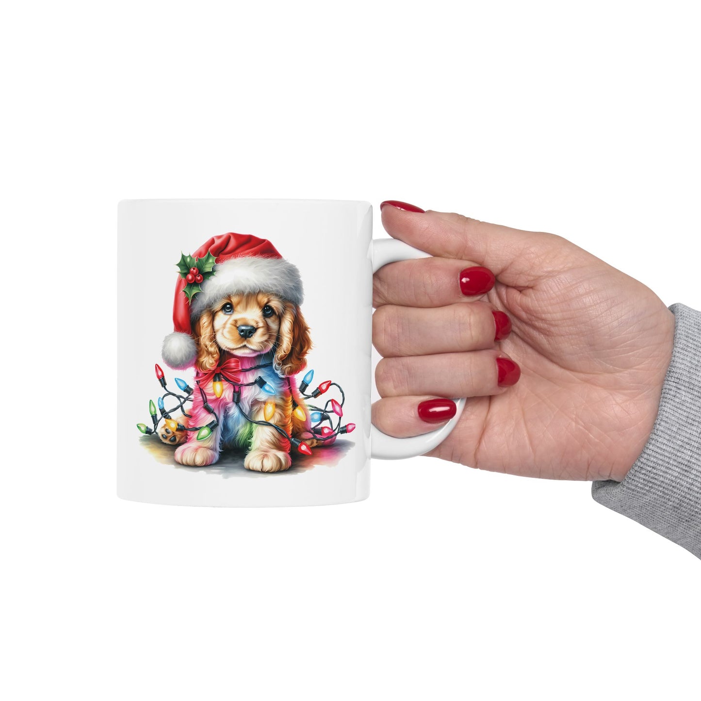🎁 Cocker Spaniel Christmas Lights Mug – Sweet Holiday Cheer with a Bow 🎄🐶