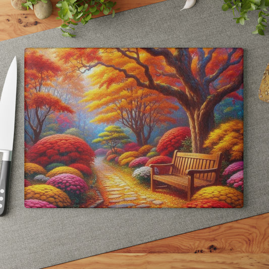 🍁 Autumn Park Bench Path – Cozy Fall Tempered Glass Cutting Board