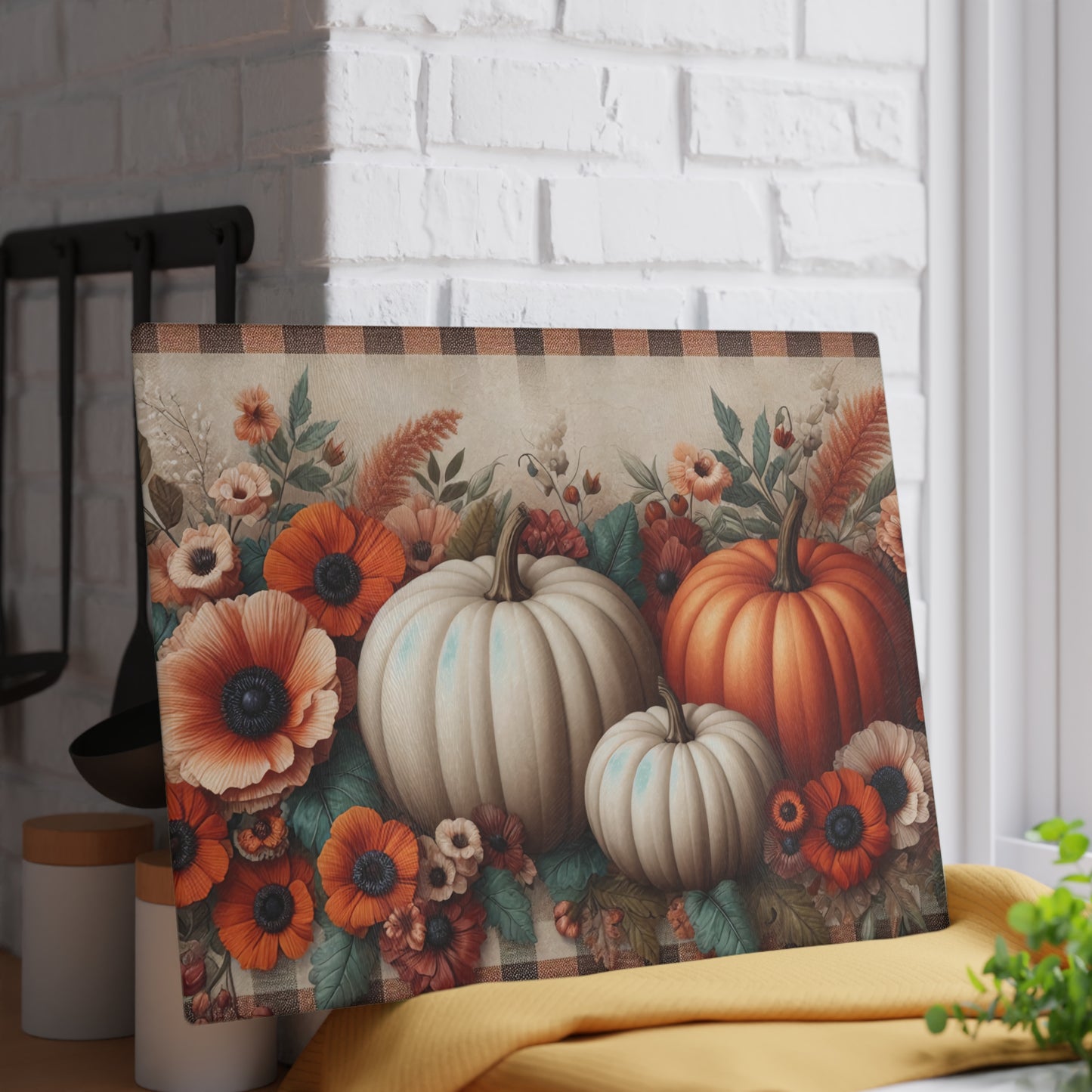 🍂🎃 Autumn Pumpkins and Florals Cutting Board – Rustic Fall Kitchen Décor 🍁🌻