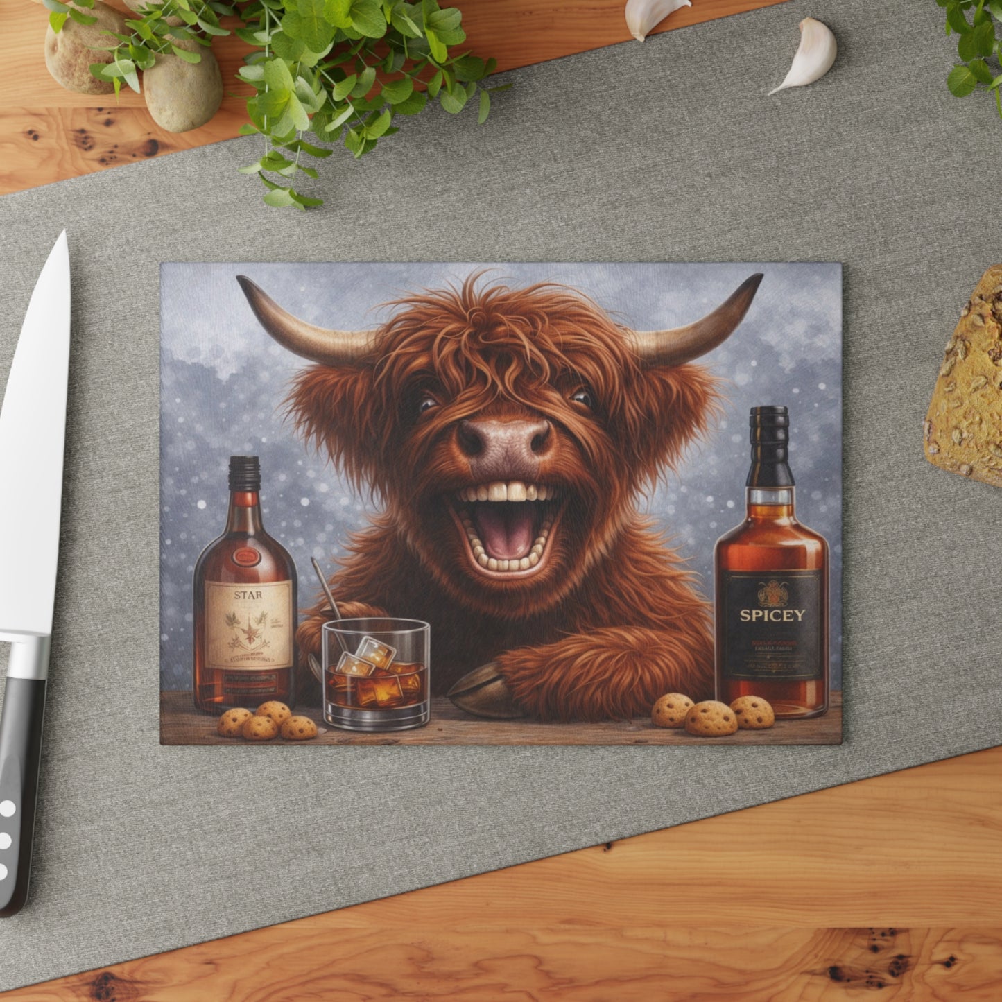 Laughing Highland Cow Bar Glass Cutting Board – Playful Farm Humor Art with Cozy Pub Style