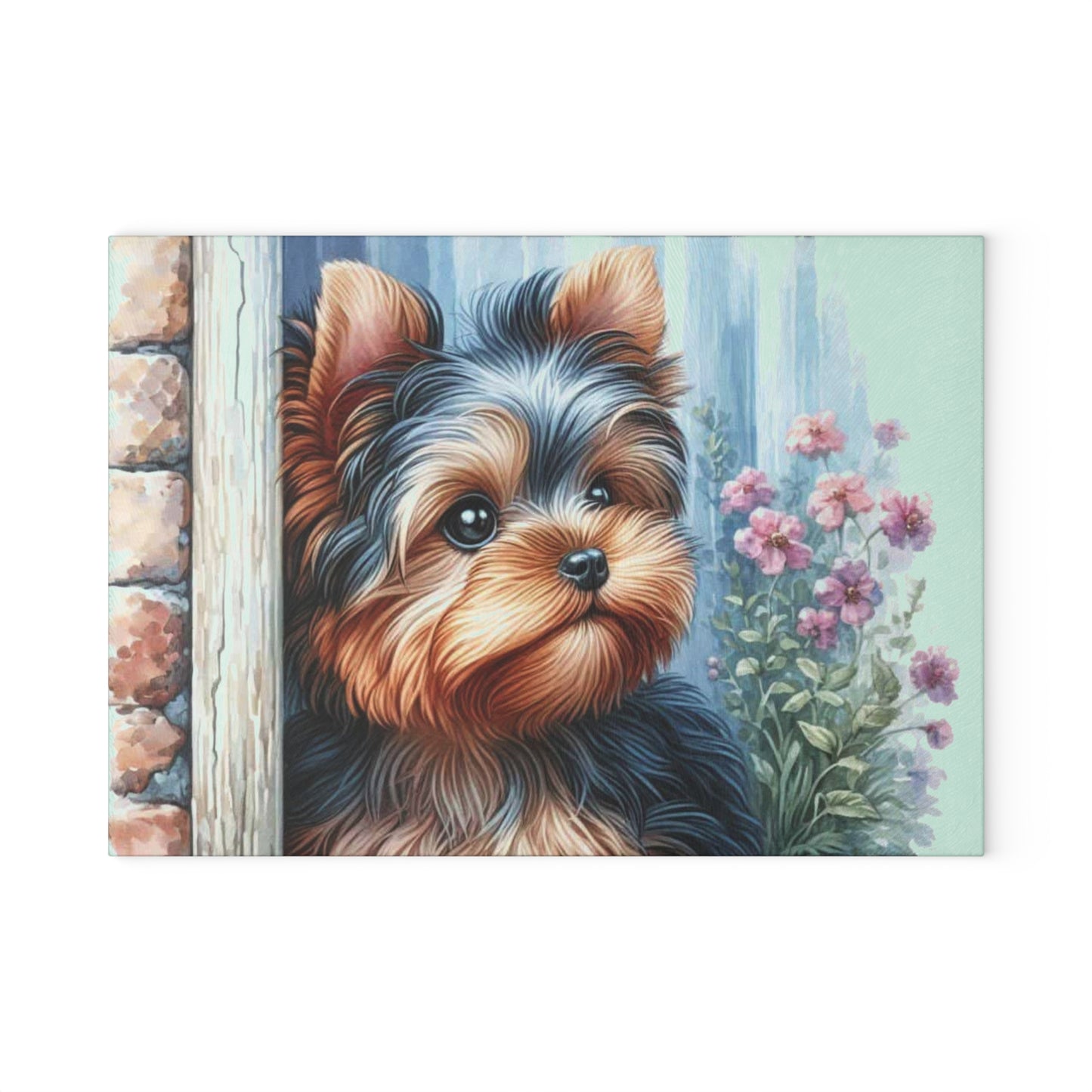🐾🌸 “Cottage Yorkie Peek” Tempered Glass Board – Sweet Pup & Floral Charm