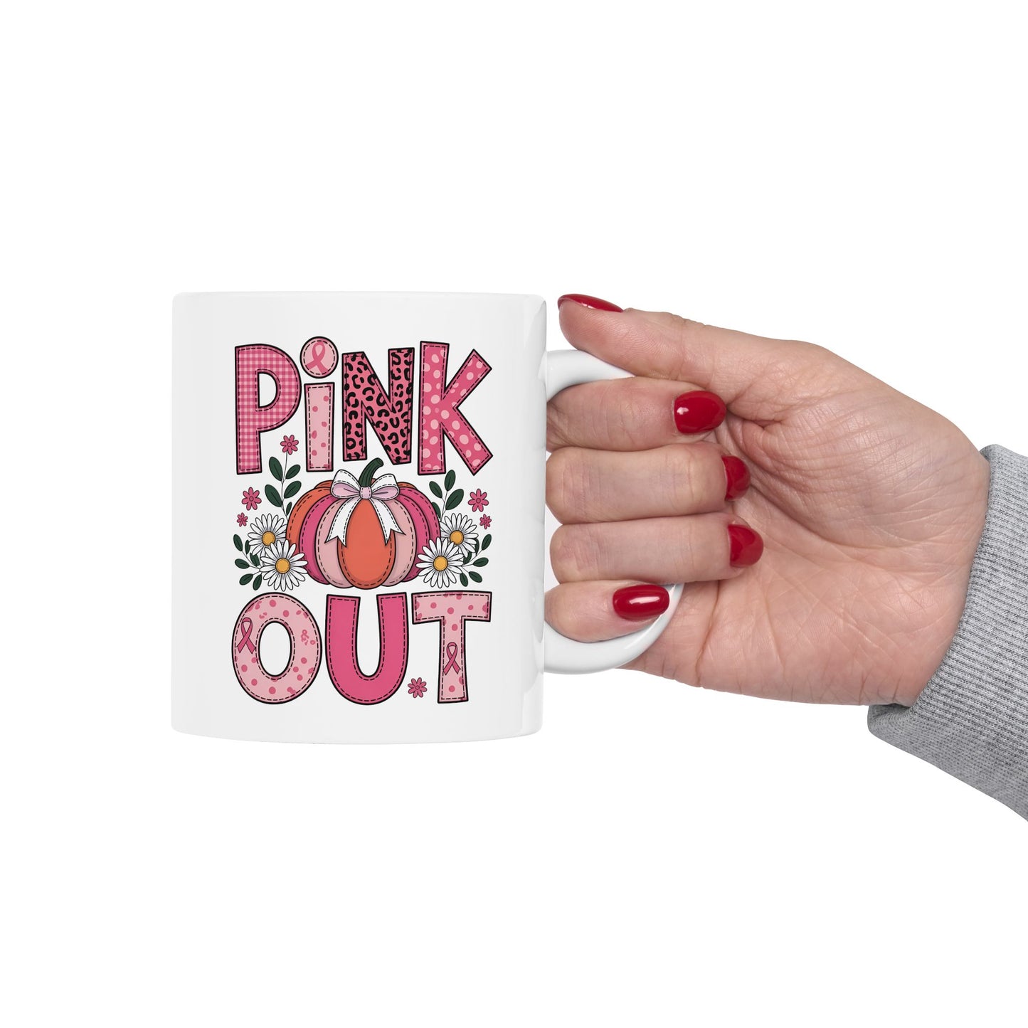🎀🎃 Pink Out Mug – Fall Pumpkin Breast Cancer Awareness Coffee Cup 💗