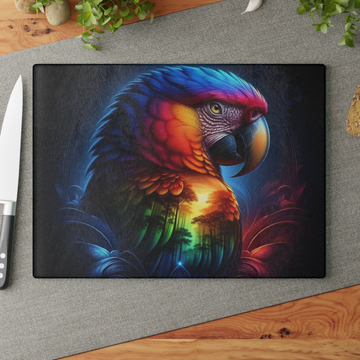🦜🔥 Vibrant Sunset Macaw Cutting Board – Bold Color & Dramatic Tropical Flair for Your Kitchen