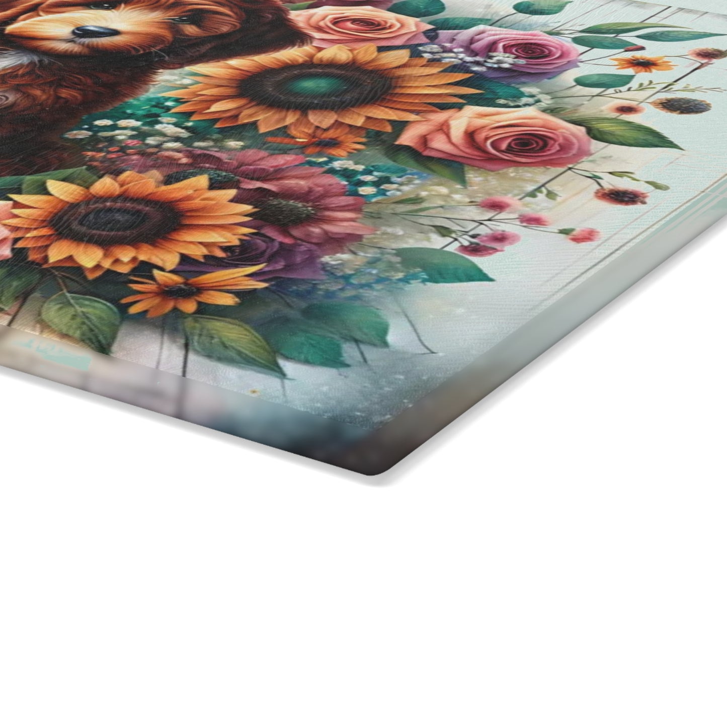🐶🌻 “Sunflower Pup” Glass Cutting Board – Bright, Happy Farmhouse Vibes for Your Kitchen