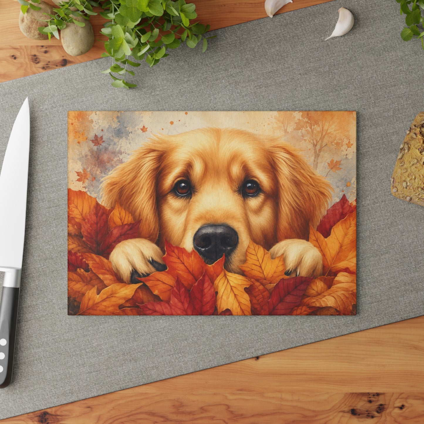Golden Retriever Autumn Leaves Glass Cutting Board – Cozy Fall Dog Kitchen Décor