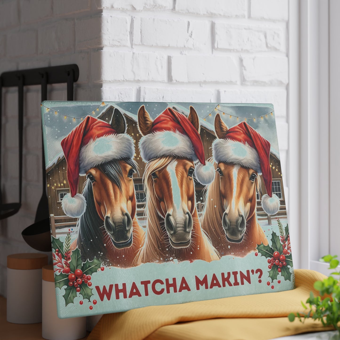 🐴🎄 “Whatcha Makin’?” Holiday Horses Glass Cutting Board – Cozy Charm for Your Kitchen