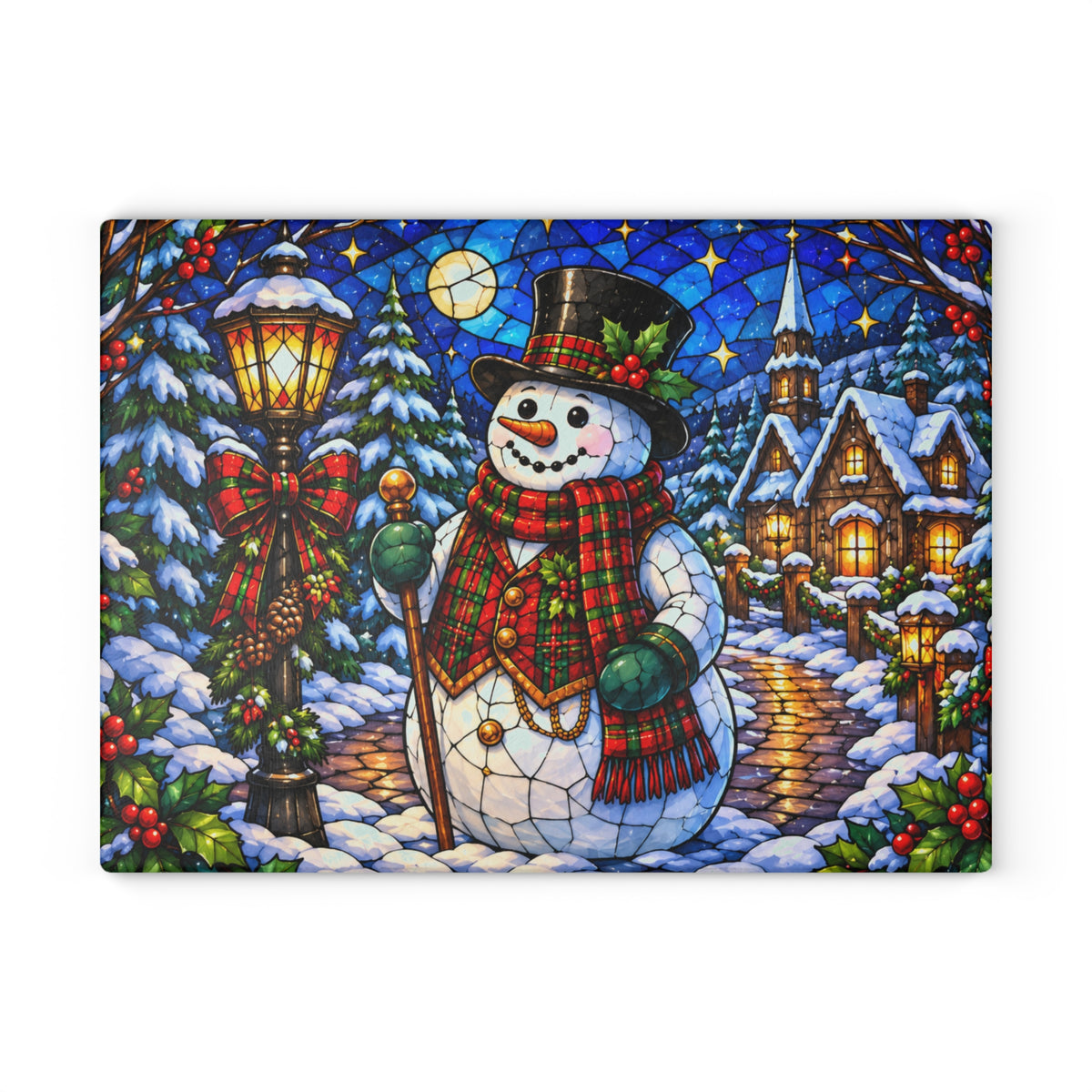 Snowman Christmas Village Stained-Glass-Look Glass Cutting Board – Winter Holiday Kitchen Decor