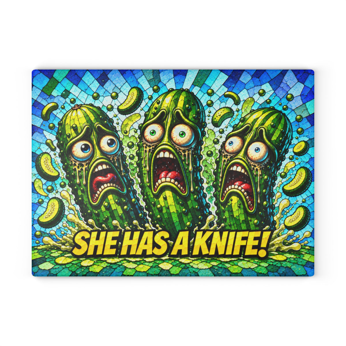 She Has a Knife! Funny Pickle Stained-Glass-Inspired Glass Cutting Board