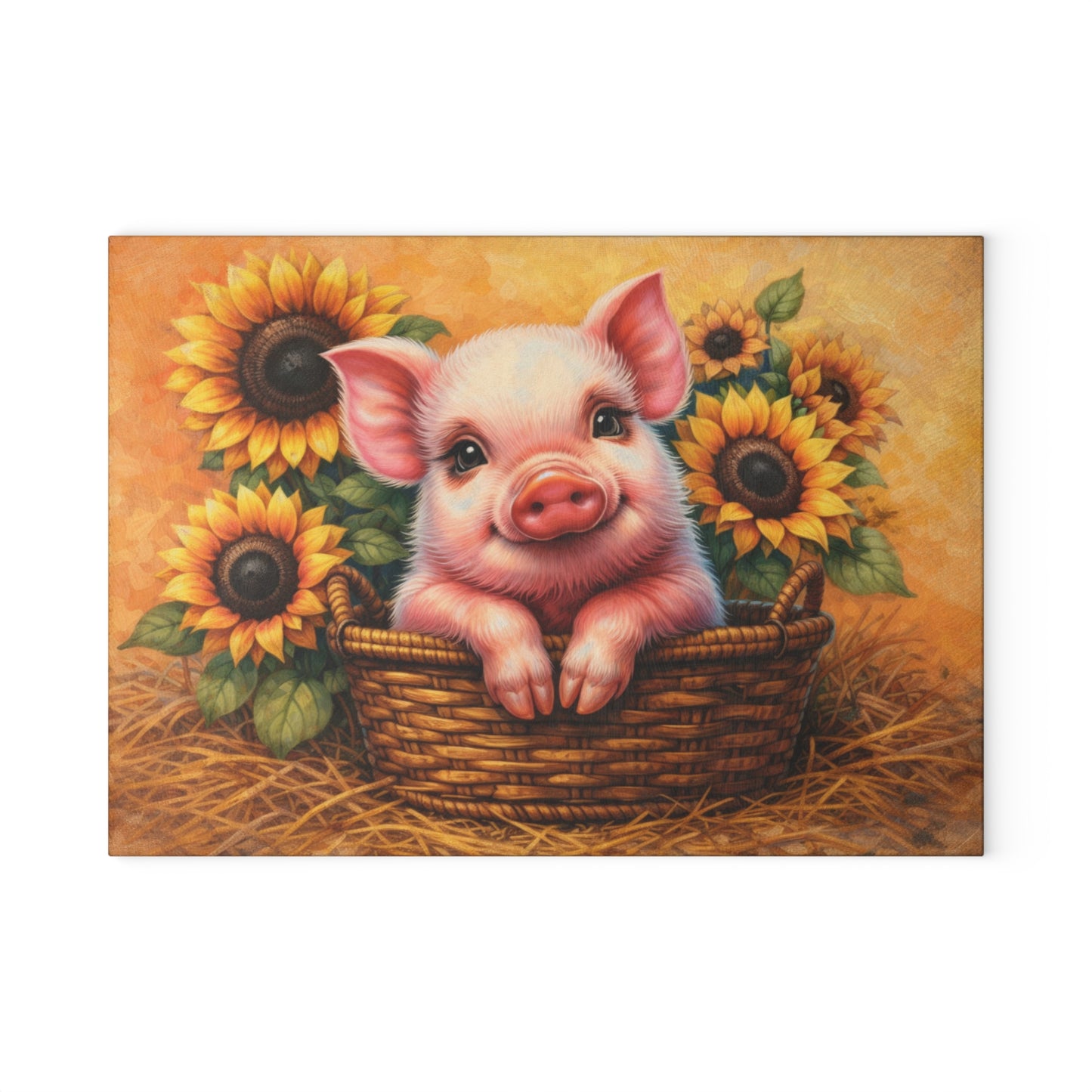Sunflower Piglet Glass Cutting Board – Whimsical Farmhouse Kitchen Decor