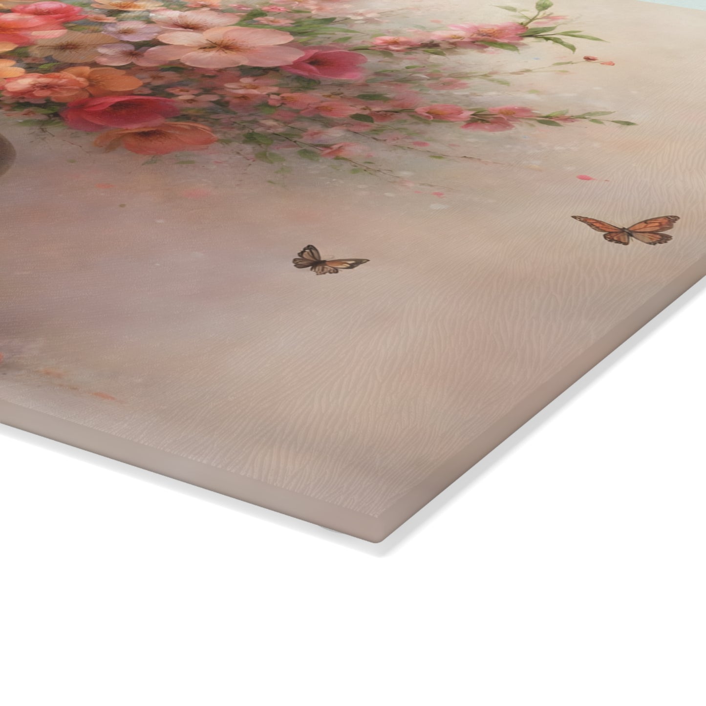 Blossoming Floral Vase with Butterflies Glass Cutting Board – Elegant Botanical Kitchen Art