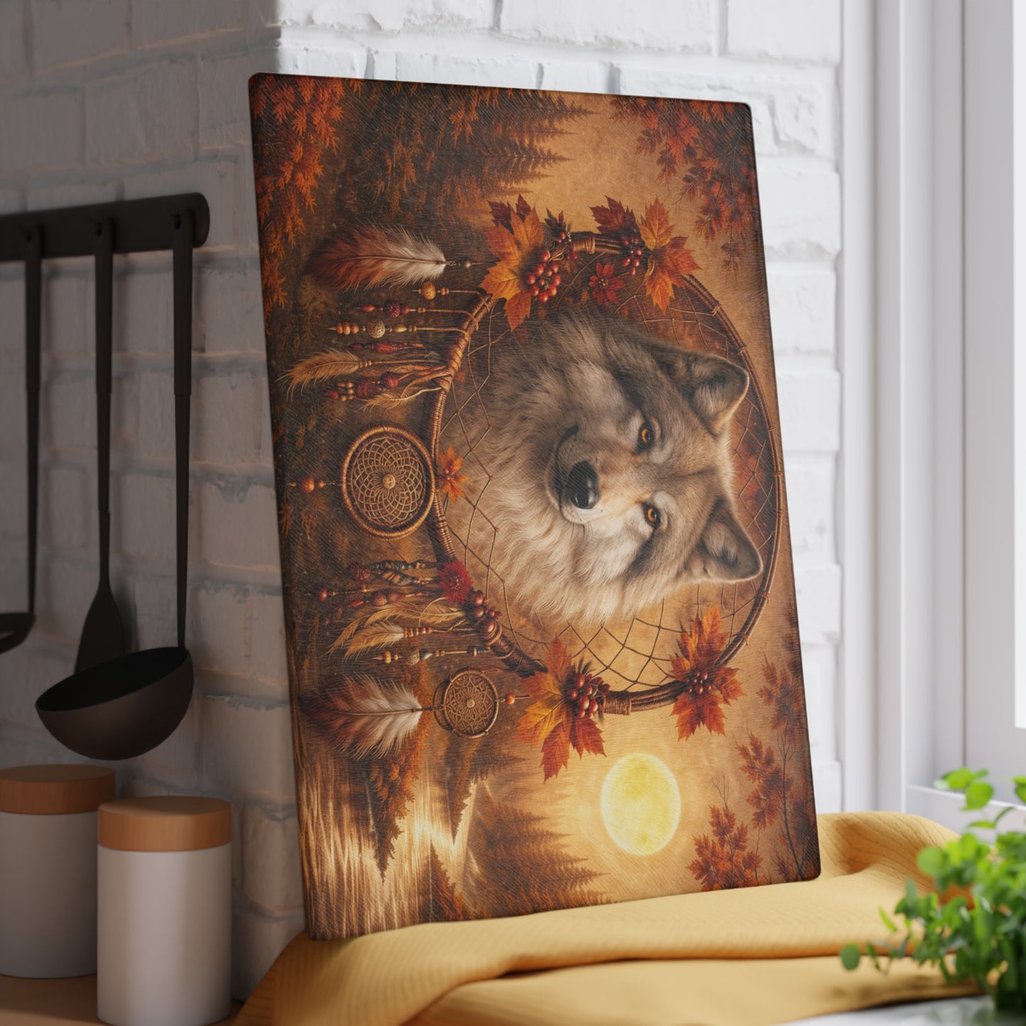 Autumn Wolf Dreamcatcher Glass Cutting Board – Rustic Woodland Wildlife Kitchen Art