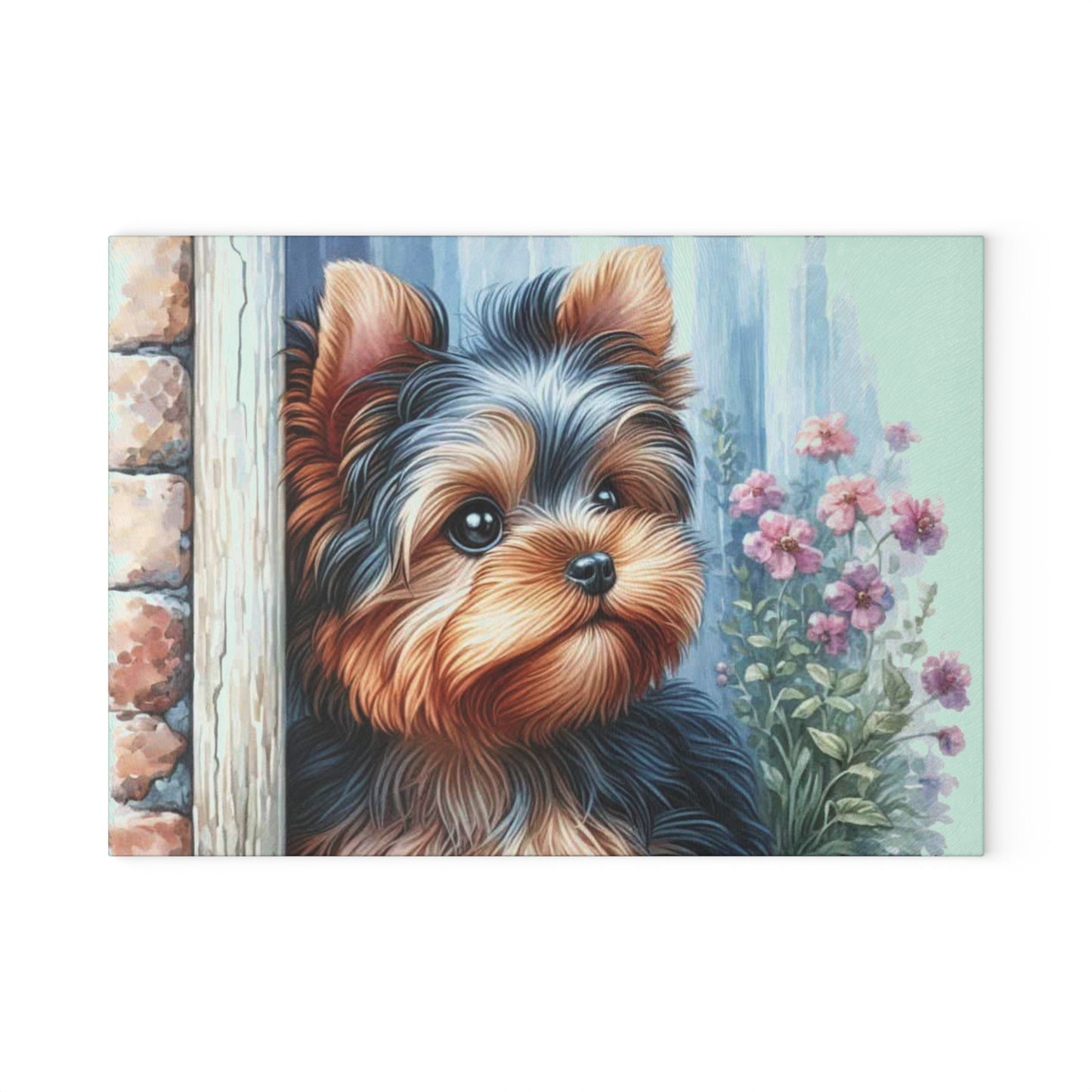 Cottage Yorkie Peek Glass Cutting Board – Floral Pup Charm for Cozy Kitchens