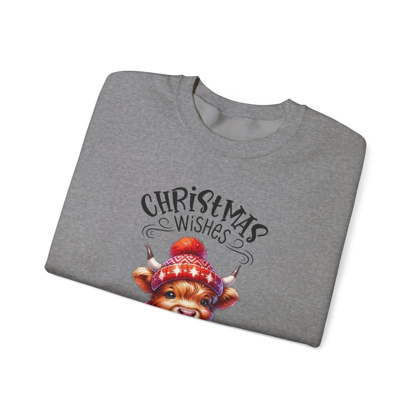 🎄☕🐮 Christmas Wishes and Cocoa Kisses Sweatshirt – Cozy Highland Cow Holiday Sweater ❄️❤️