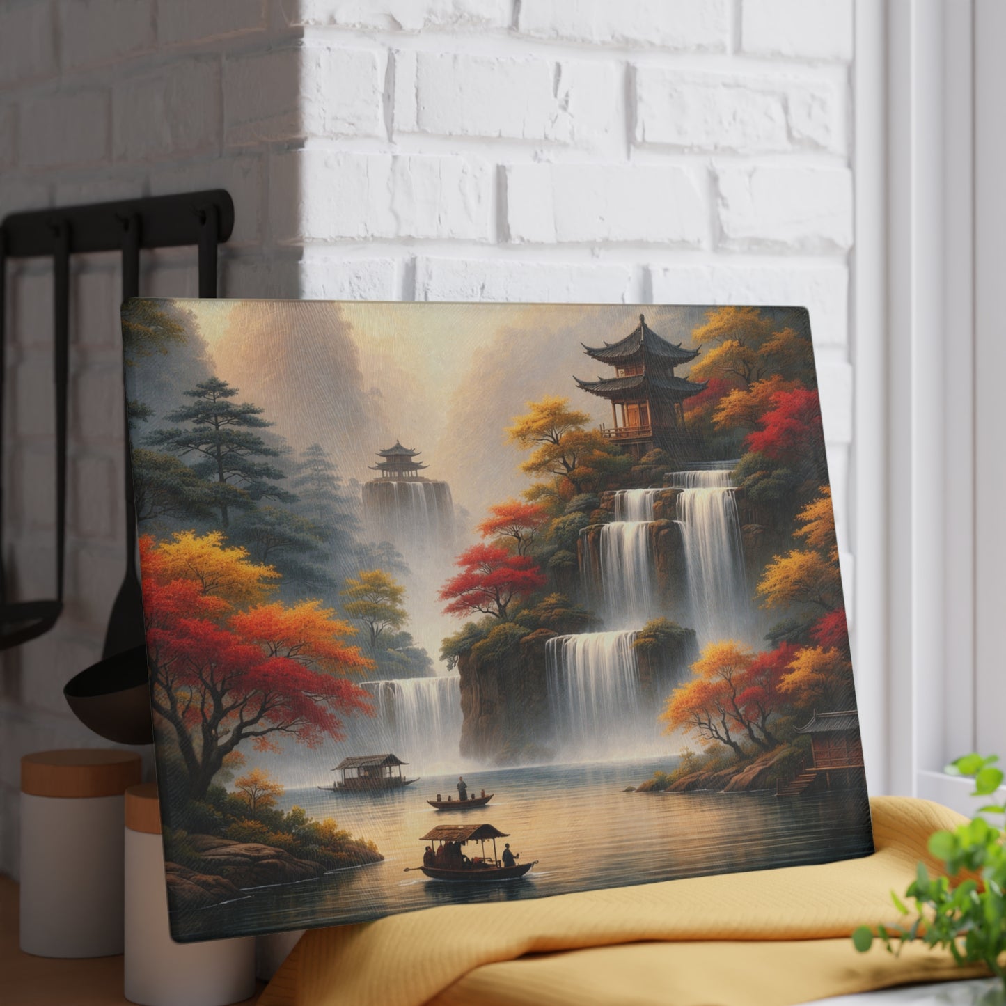 Asian Waterfall Landscape Glass Cutting Board – Serene Mountain Temple Kitchen Art