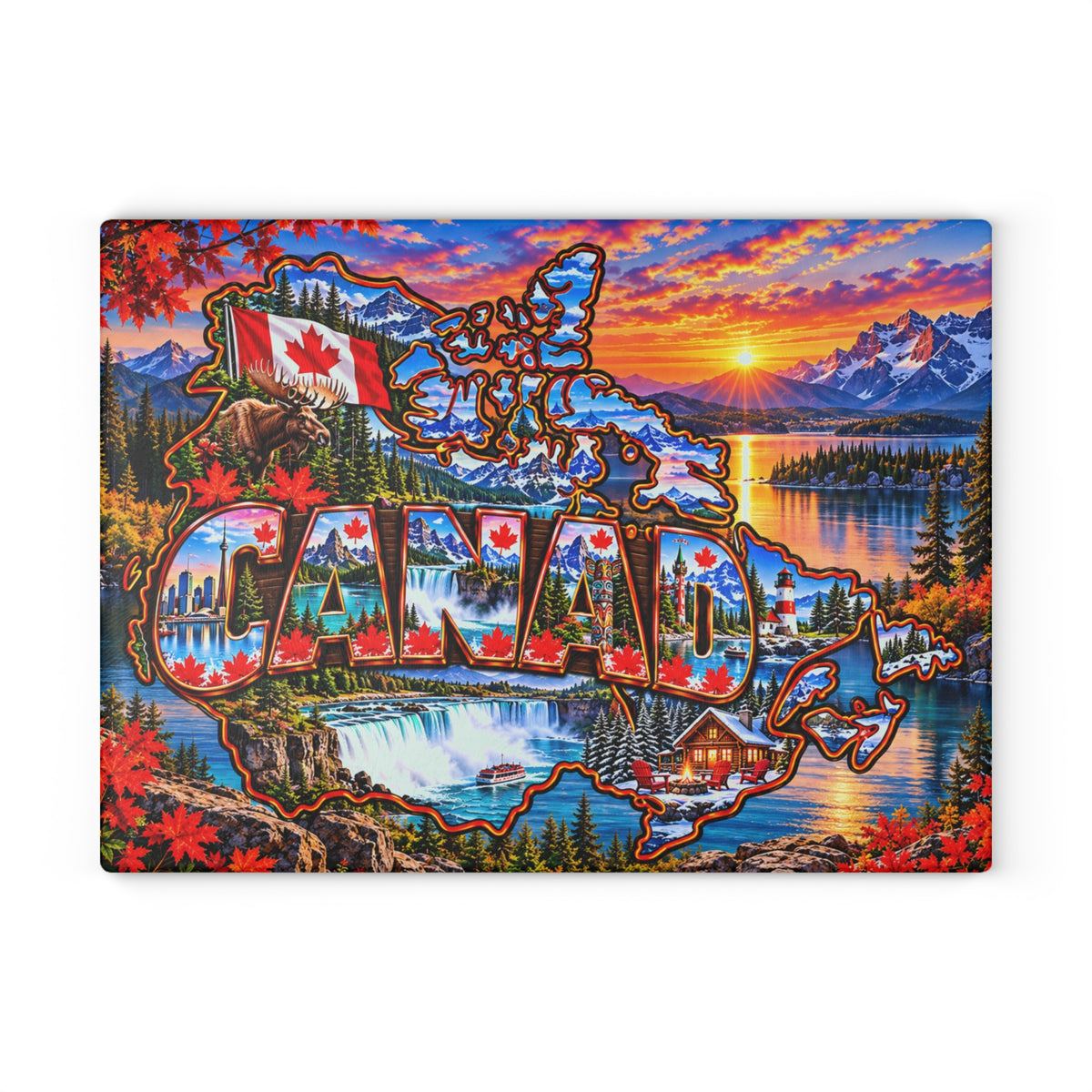 Canada Glass Cutting Board – Canadian Map, Maple Leaves, Moose, Rocky Mountains, Niagara Falls & Scenic Kitchen Décor