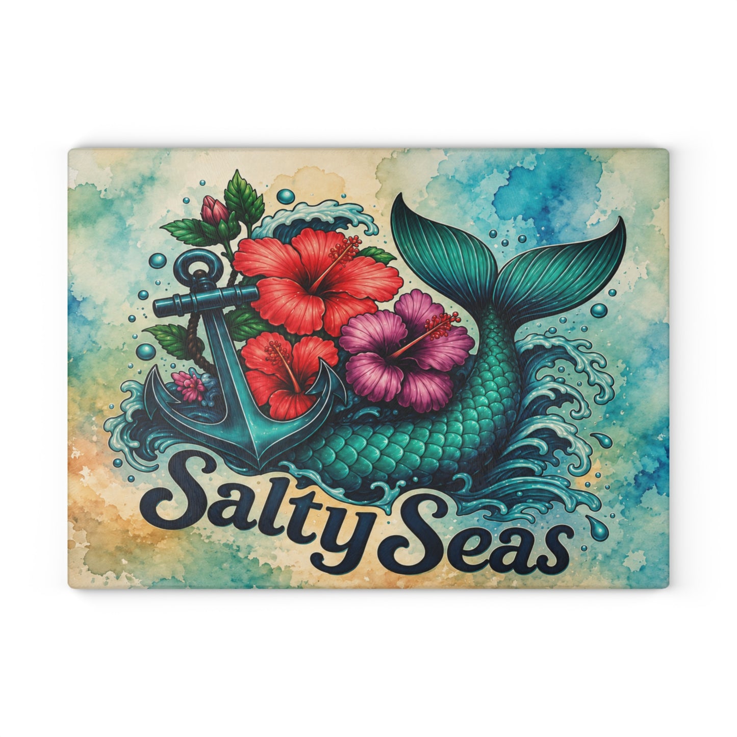 Salty Seas Mermaid Tail Glass Cutting Board – Coastal Beach Kitchen Decor with Anchor & Tropical Flowers
