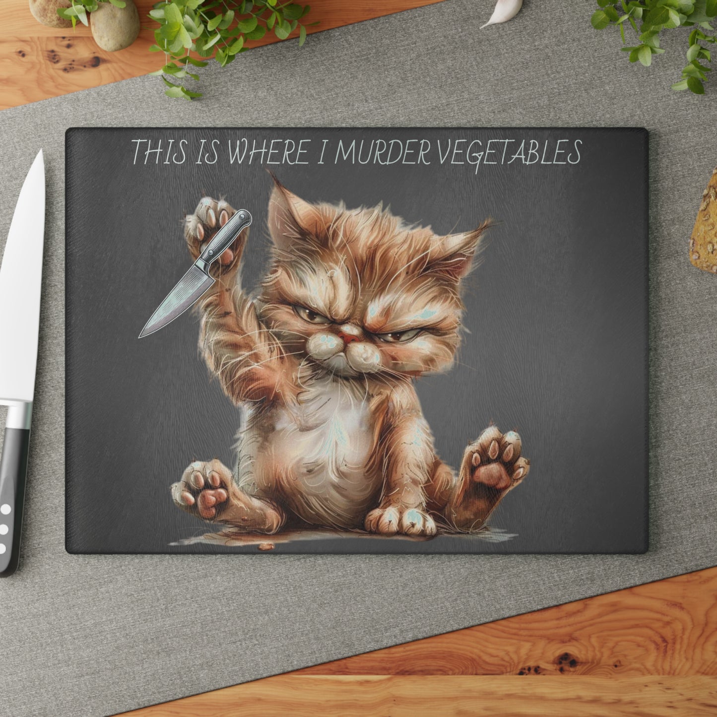 "This is Where I Murder Vegetables" – Funny Cat Glass Cutting Board