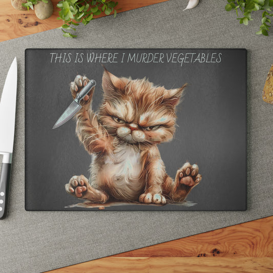 "This is Where I Murder Vegetables" – Funny Cat Glass Cutting Board
