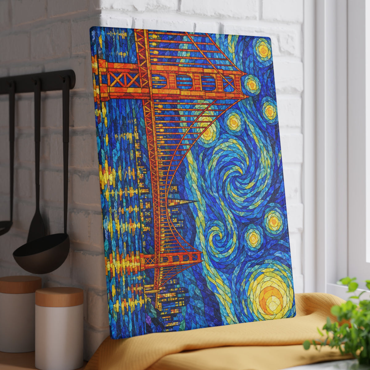 Golden Gate Bridge Starry Night Stained-Glass-Inspired Glass Cutting Board – San Francisco Decor