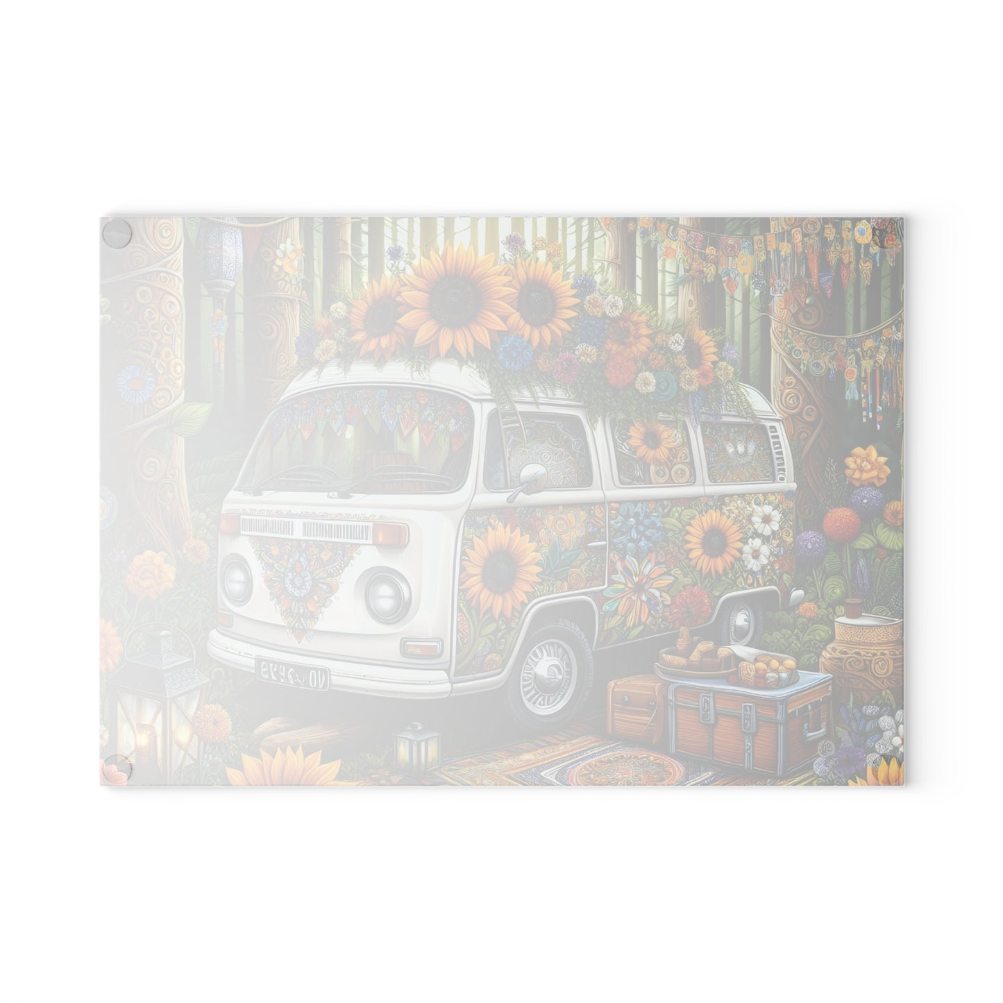 🌻 Boho Sunflower Van Cutting Board – Retro Vibes for Your Kitchen 🌼