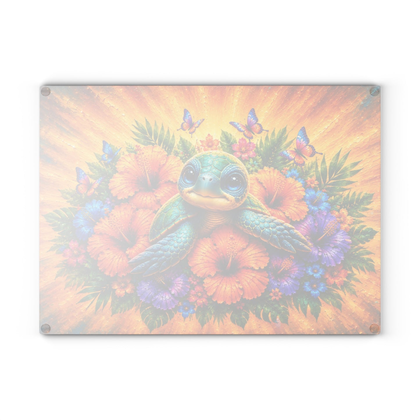 Baby Sea Turtle & Tropical Hibiscus Glass Cutting Board – Colorful Coastal Beach Kitchen Decor