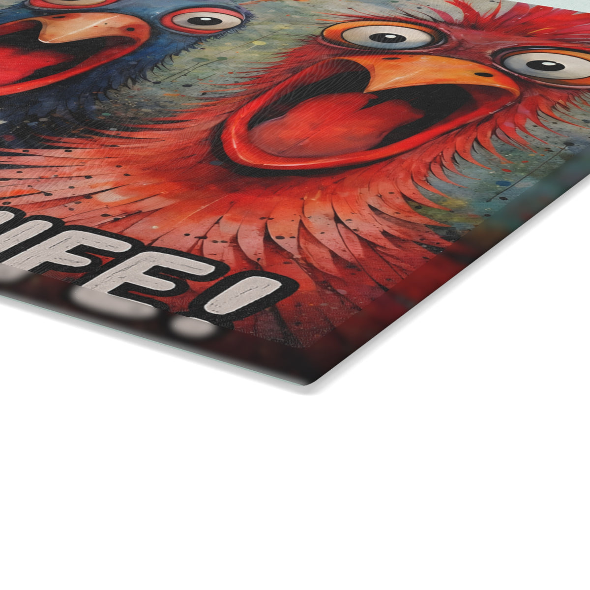 She Has a Knife Glass Cutting Board – Funny Chicken Kitchen Art with Bold Farm Humor