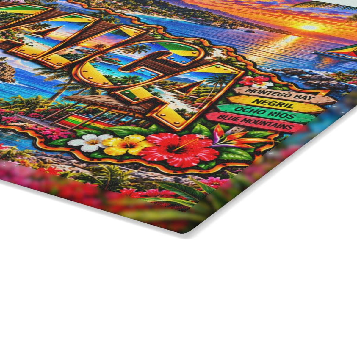 Jamaica Glass Cutting Board – Tropical Island Map, Jamaican Flag, Waterfalls, Palm Trees & Caribbean Sunset Kitchen Déco