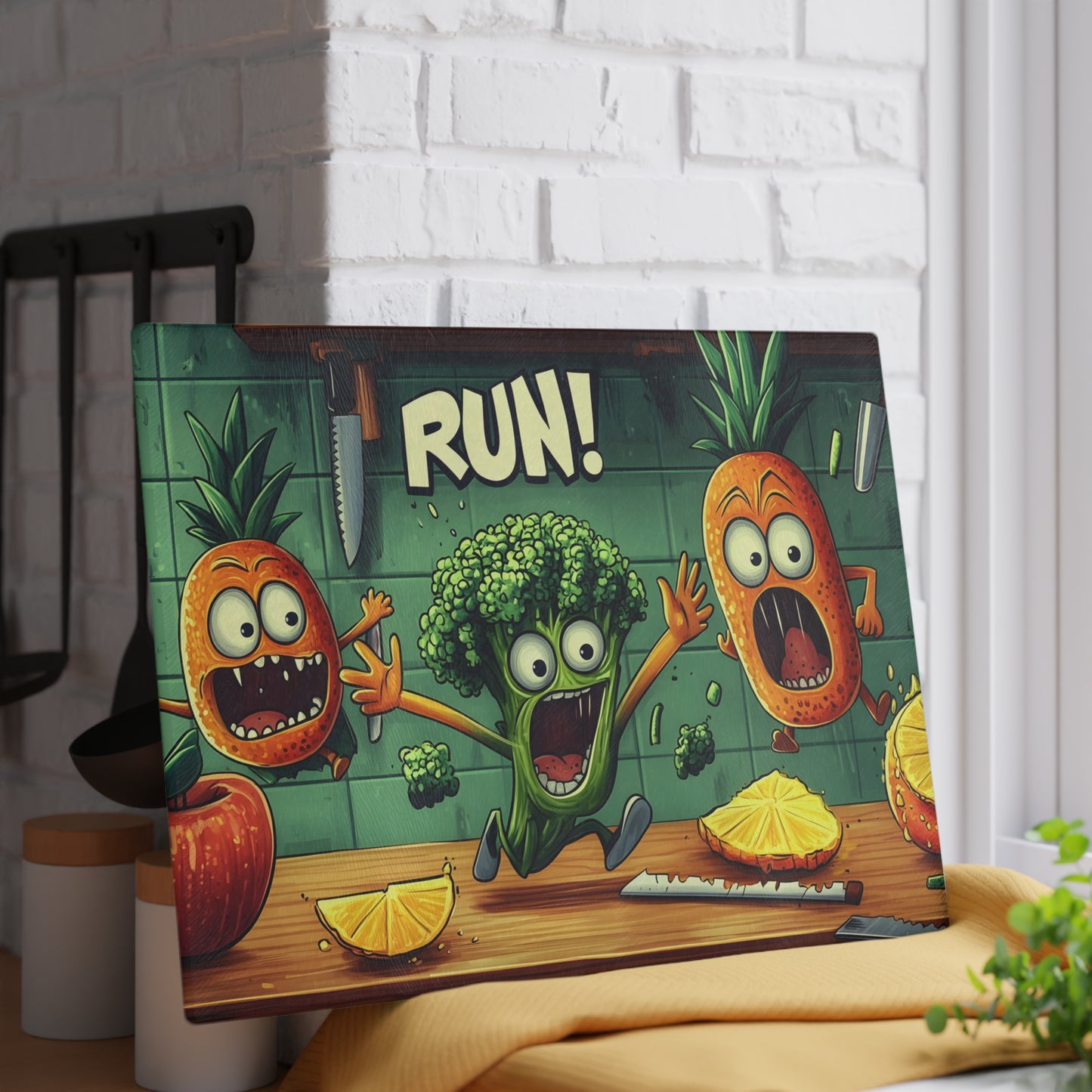 Tabla de cortar de vidrio "¡CORRE!" - Decoración de cocina de humor de Scared Veggies 😱🔪