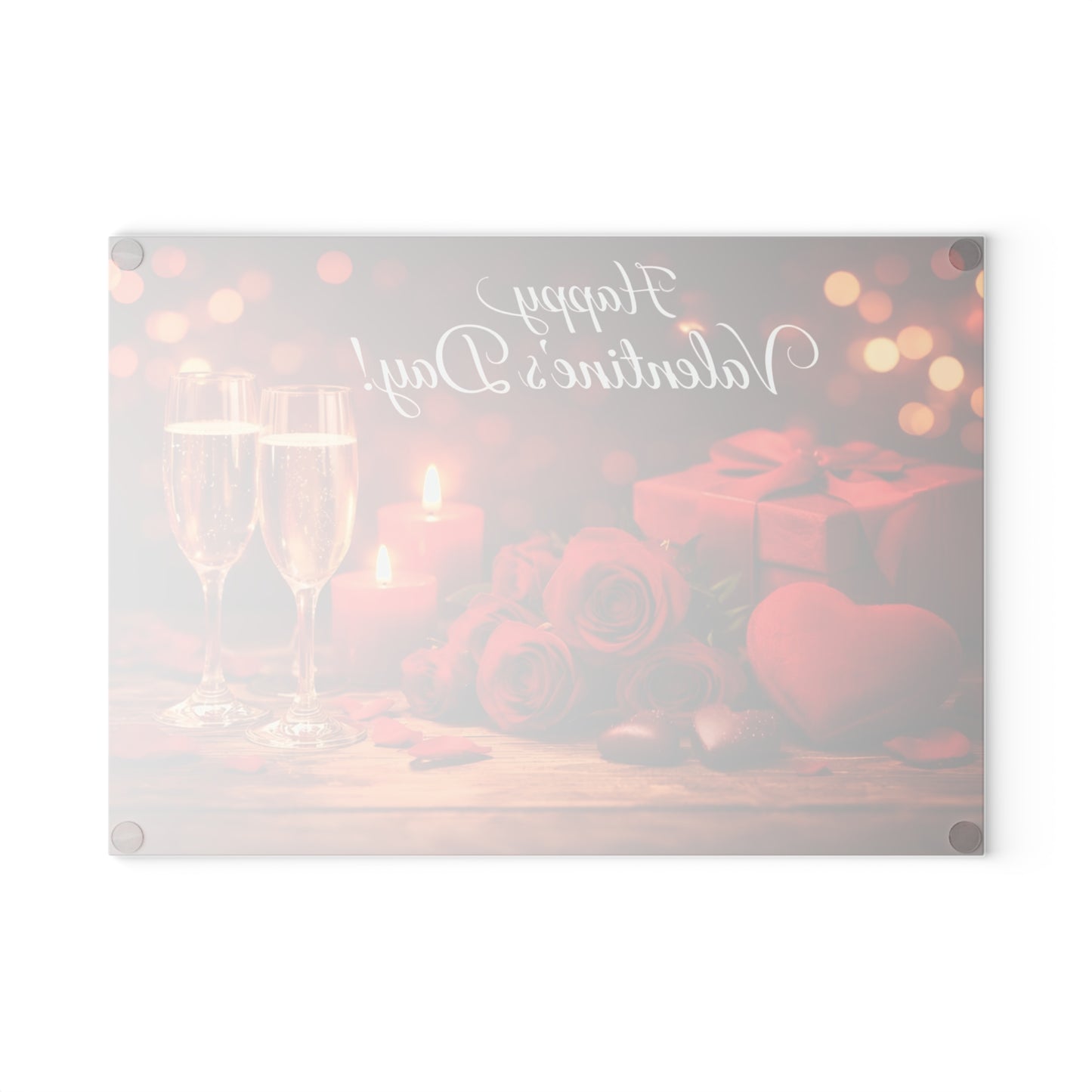 Happy Valentine’s Day Champagne & Roses Glass Cutting Board – Romantic Evening Kitchen Accent