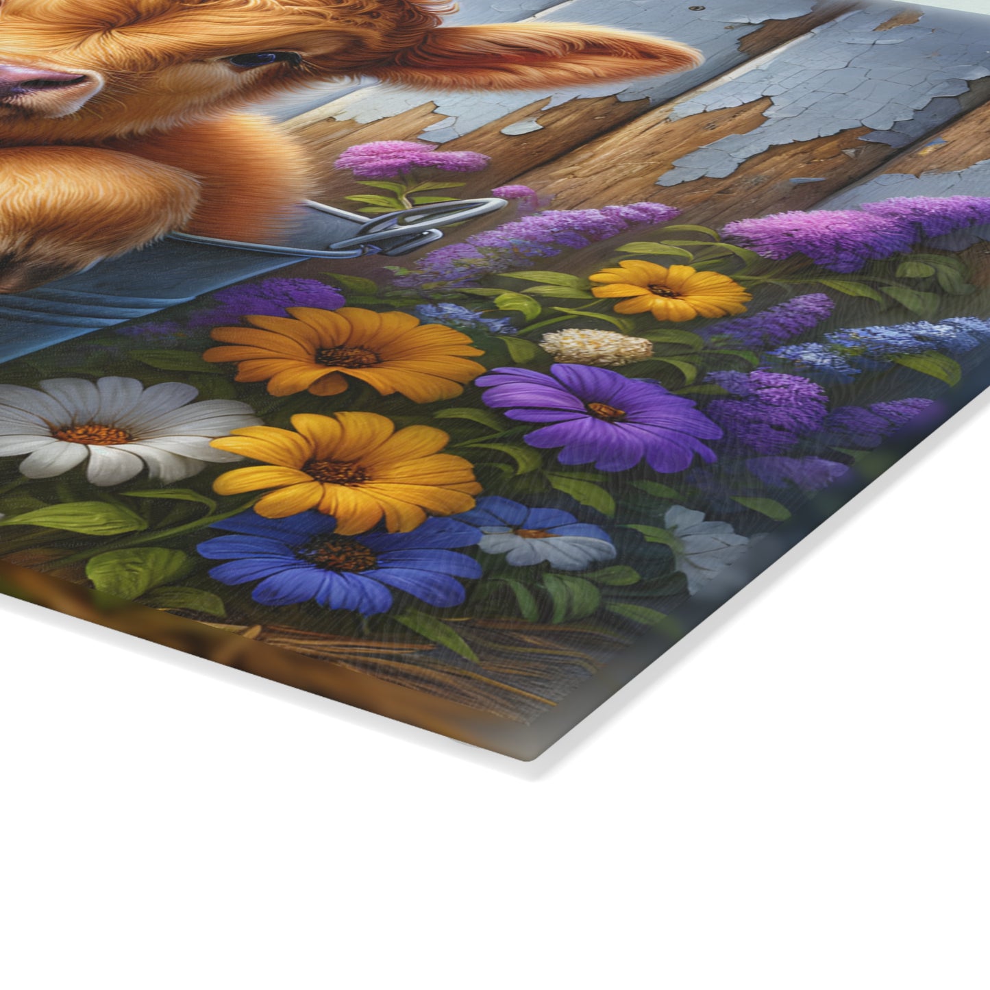 🐮🌸 Baby Highland Cow in Pail Glass Cutting Board – Country Charm with Flowers & Rustic Fence 🌼🪵