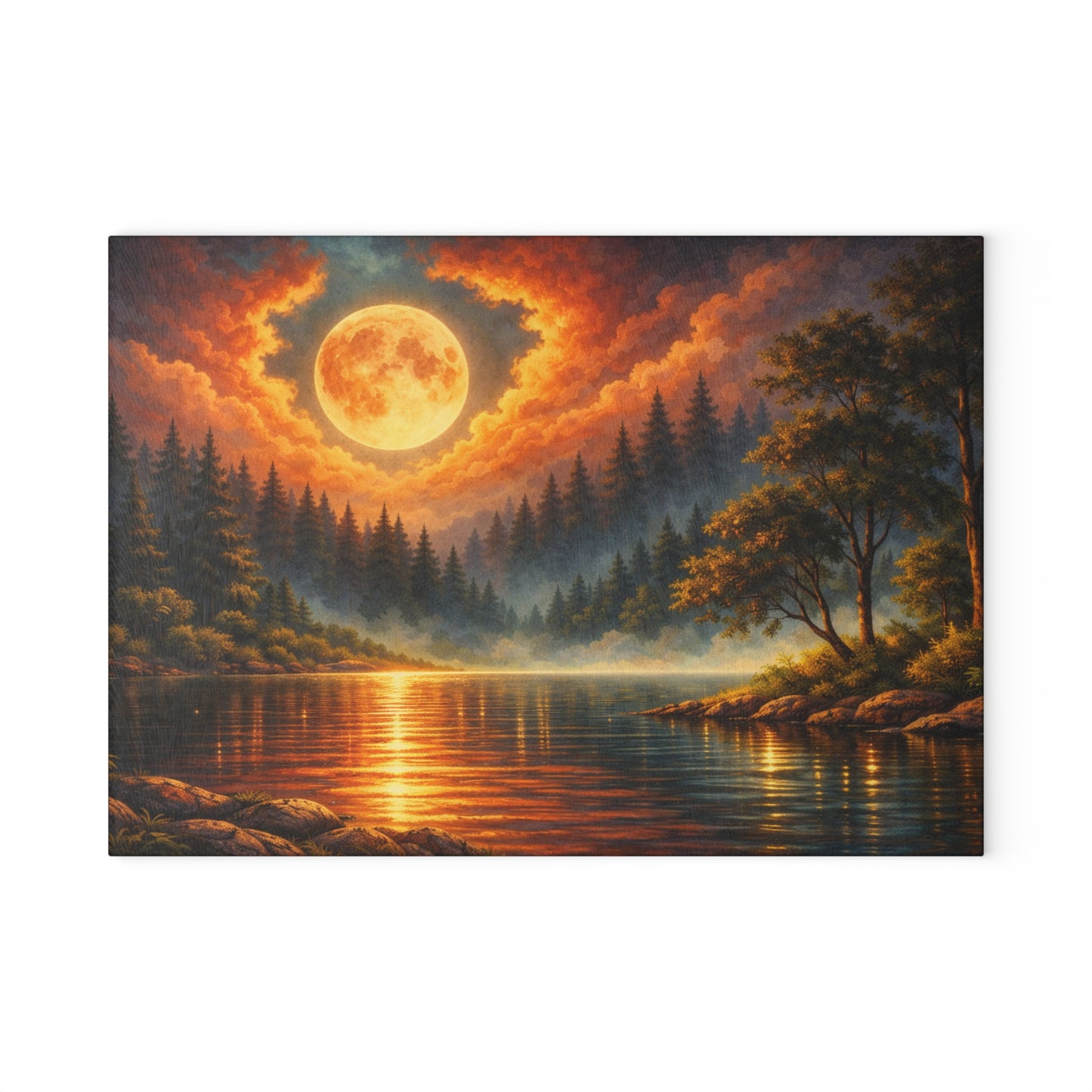 Moonlit Forest Lake Glass Cutting Board – Dramatic Night Landscape Kitchen Art