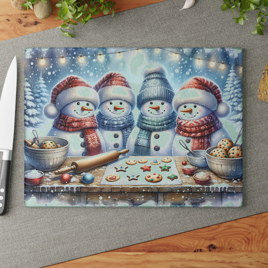 ⛄️🍪 “Snowman Cookie Crew” Glass Cutting Board – Cozy Charm for Your Kitchen