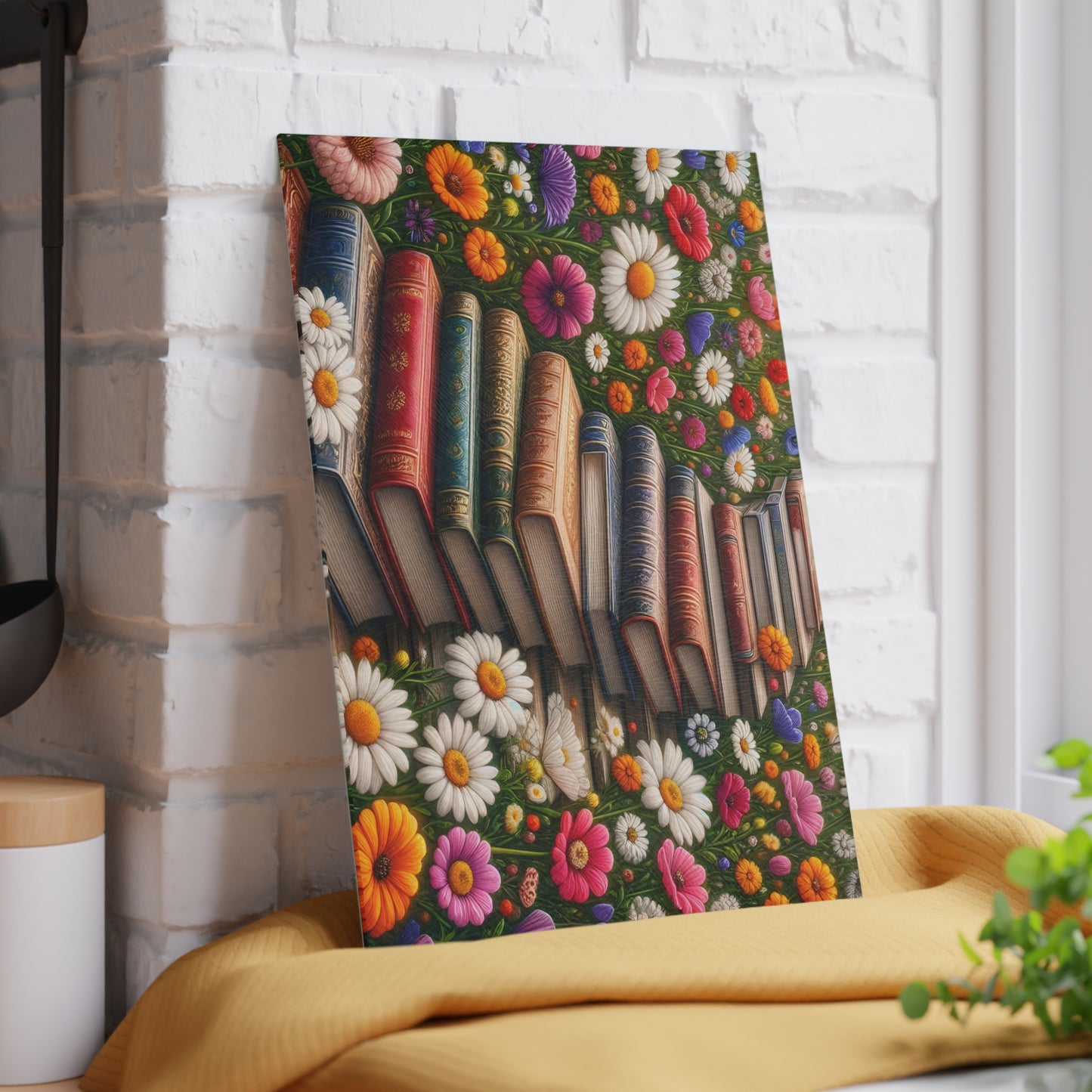 📚 Stacked Books & Wildflowers Cutting Board – Literary Charm Meets Kitchen Elegance 🌸