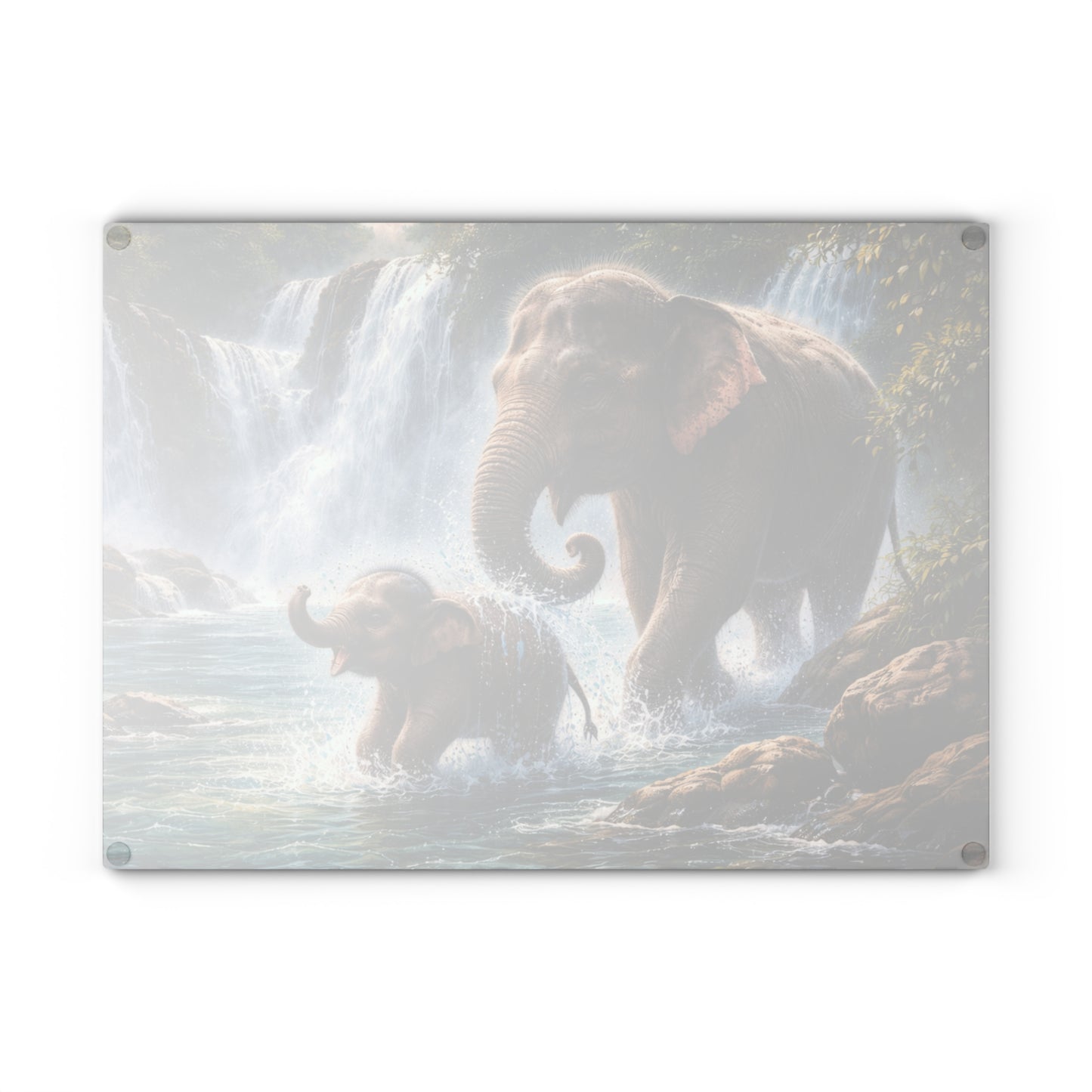 Elephant Waterfall Adventure Glass Cutting Board – Playful Wildlife Nature Kitchen Art