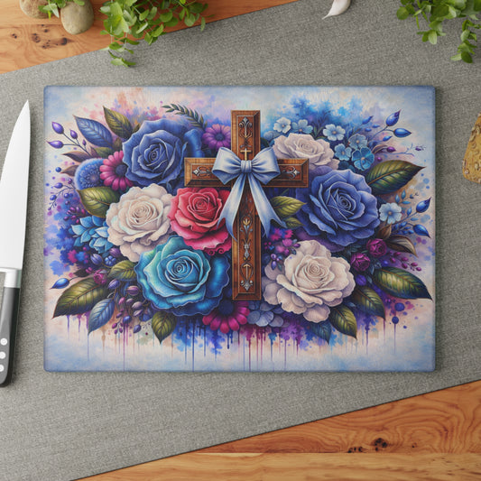 Floral Cross Glass Cutting Board – Faith-Inspired Christian Kitchen Art