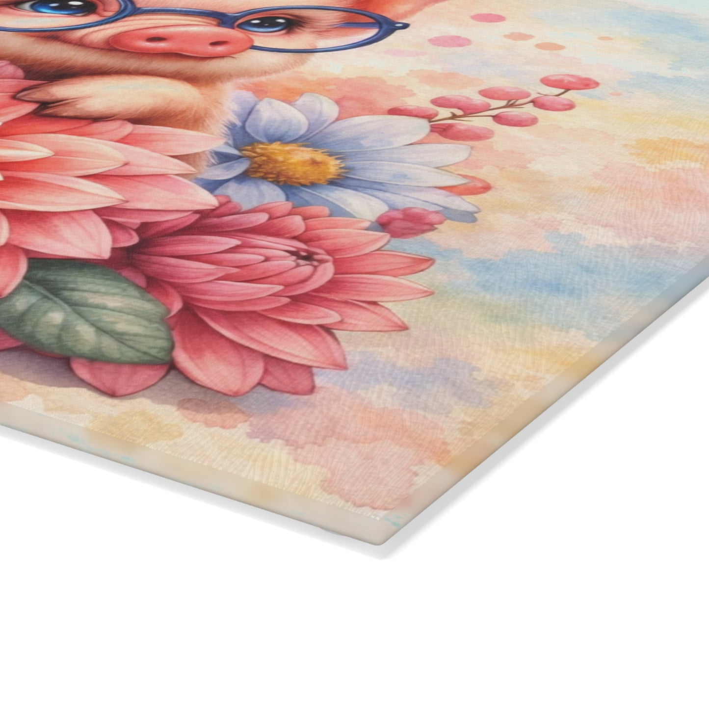 Smart Piglet with Flowers Glass Cutting Board – Farmhouse Kitchen Decor