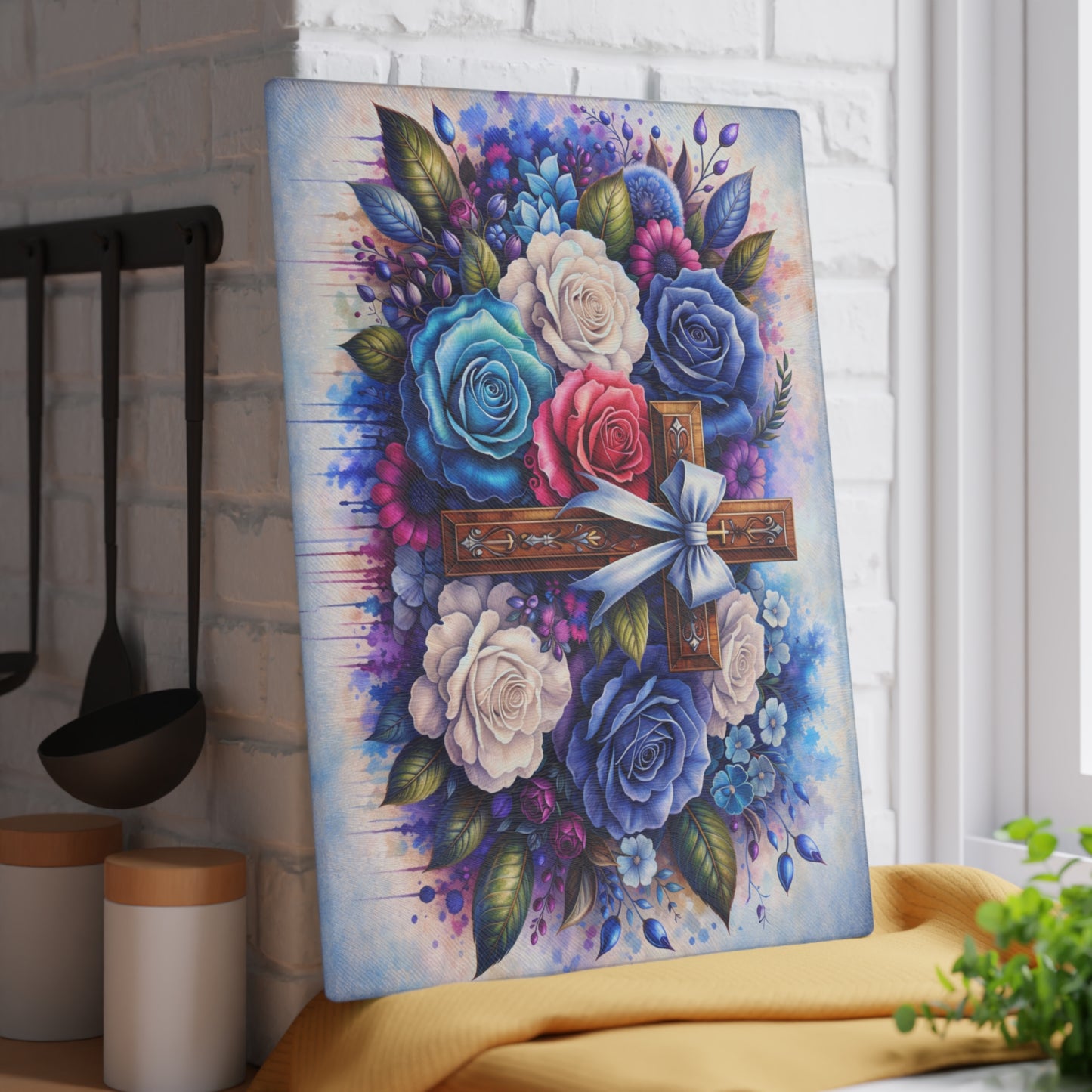 Floral Cross Glass Cutting Board – Faith-Inspired Christian Kitchen Art