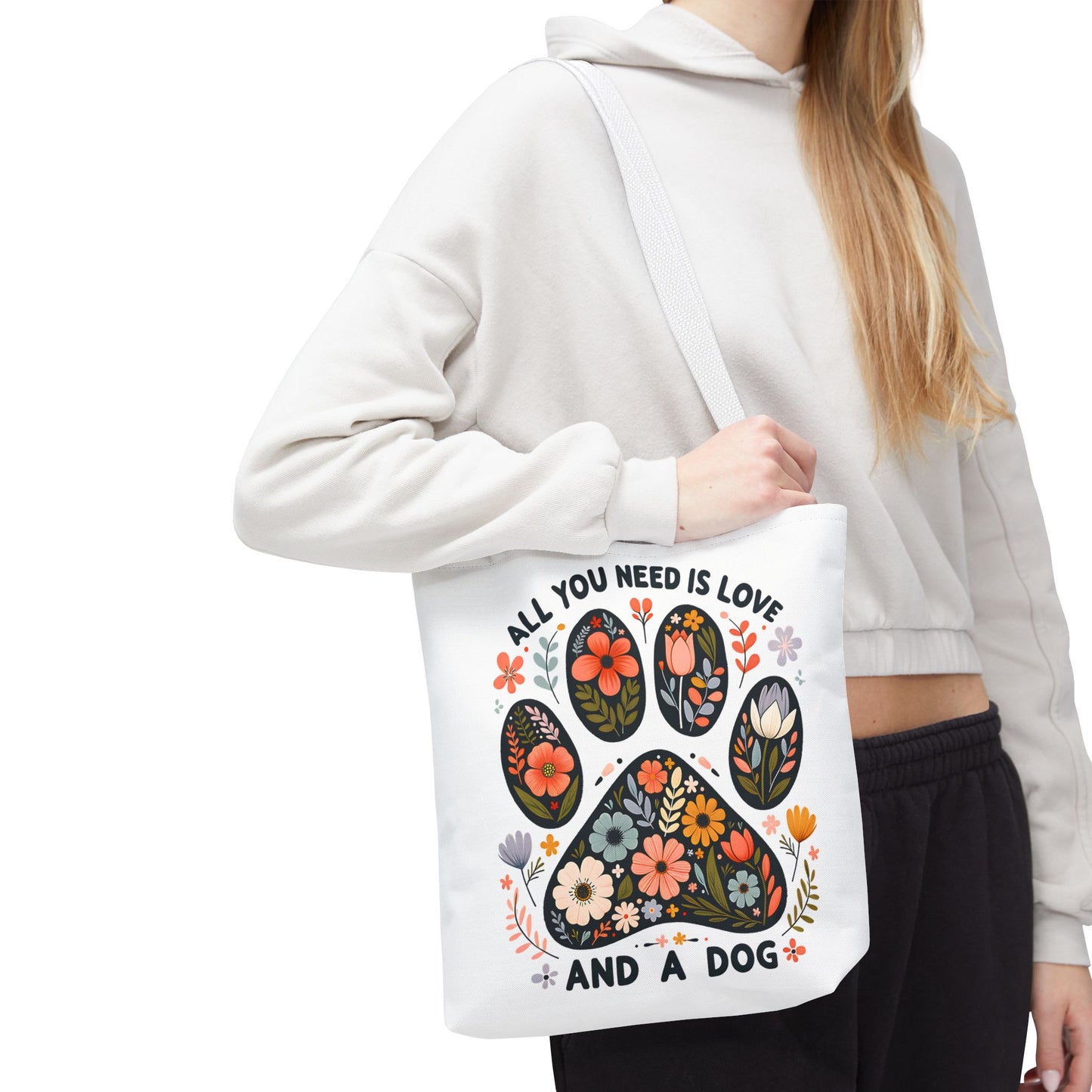 🐾 All You Need is Love and a Dog Tote Bag – Floral Paw Print Perfection 🌸