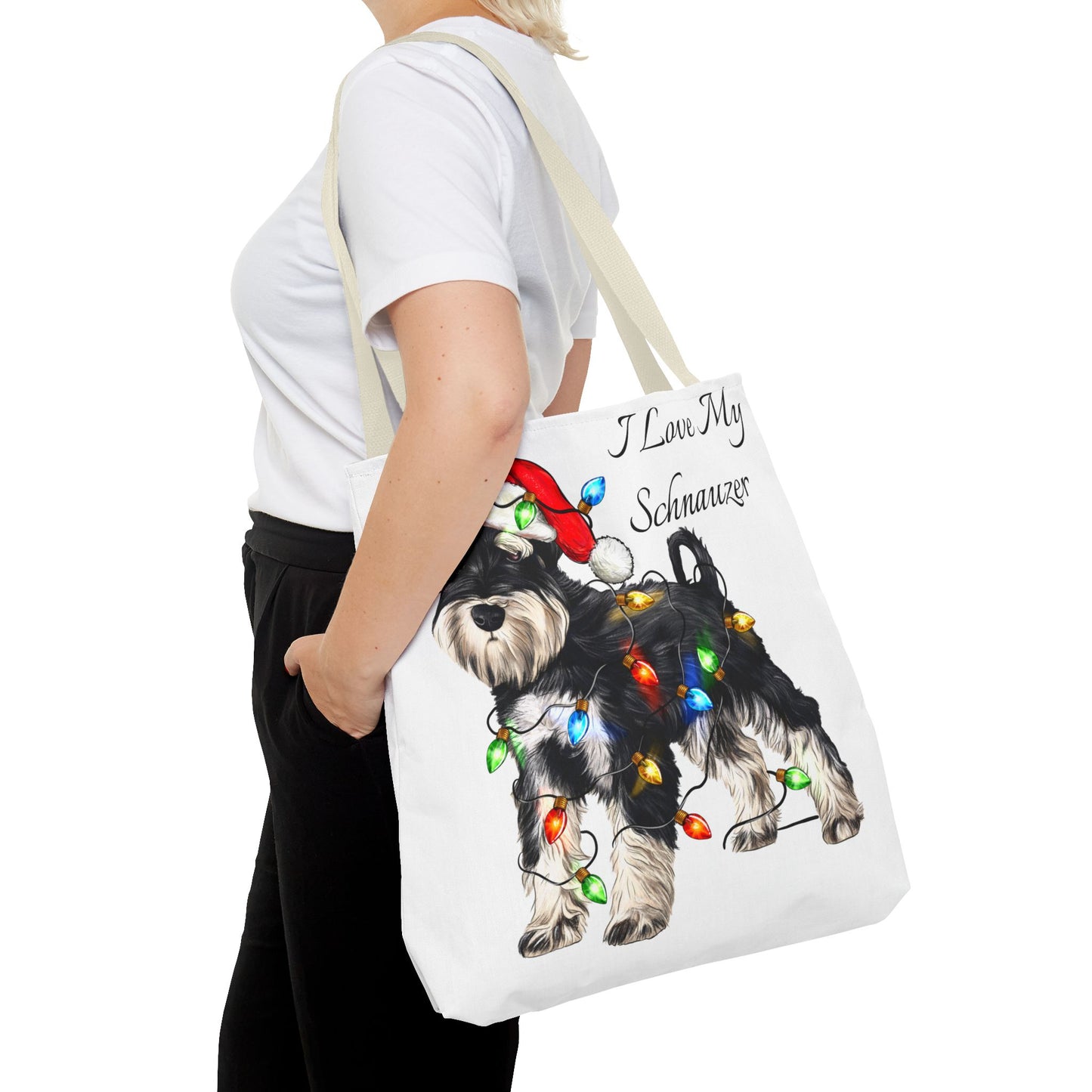🎄 I Love My Schnauzer Tote Bag – Christmas Lights & Holiday Woofs 🐾