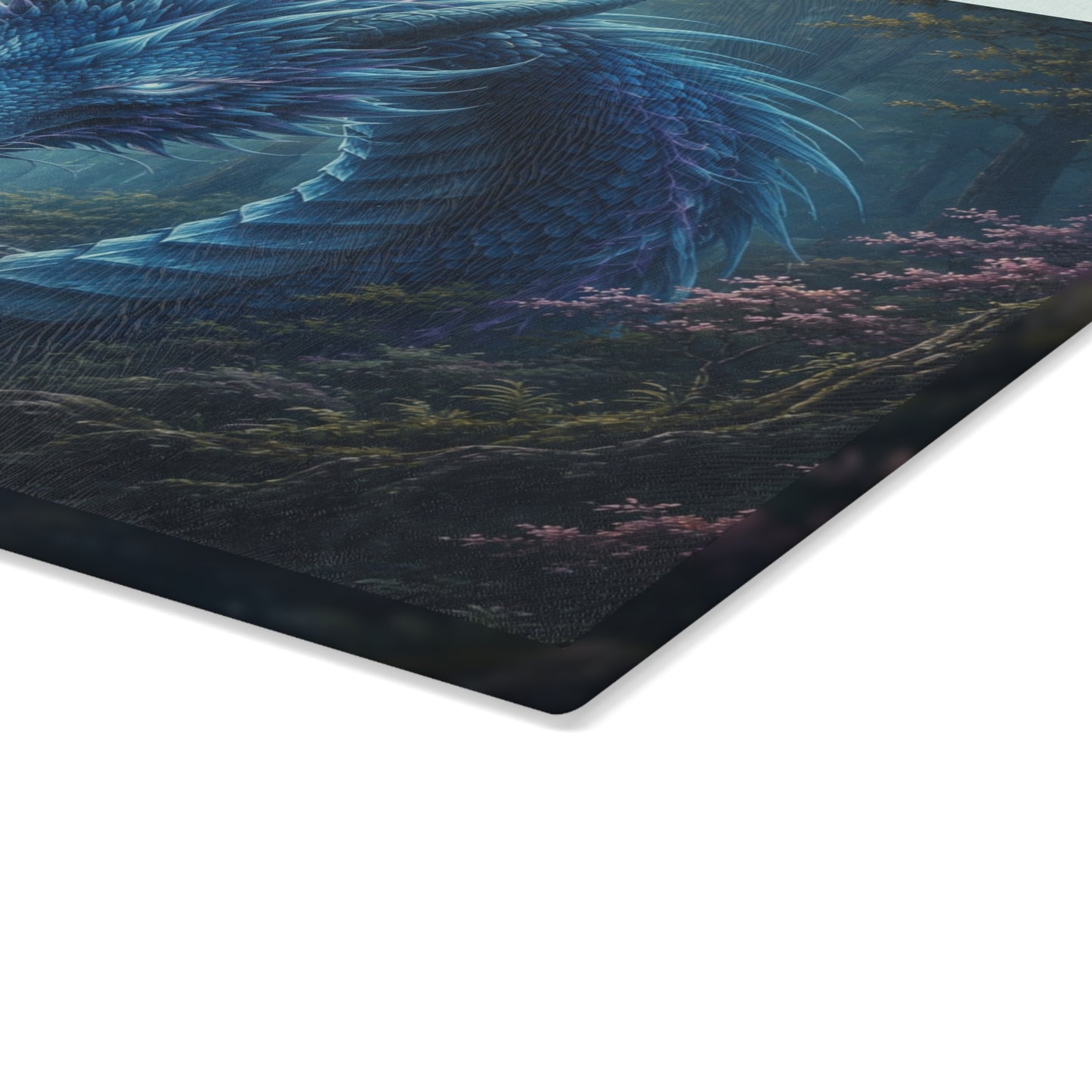 Mystical Blue Dragon Glass Cutting Board – Fantasy Dragon Kitchen Decor, Magical Waterfall Gift